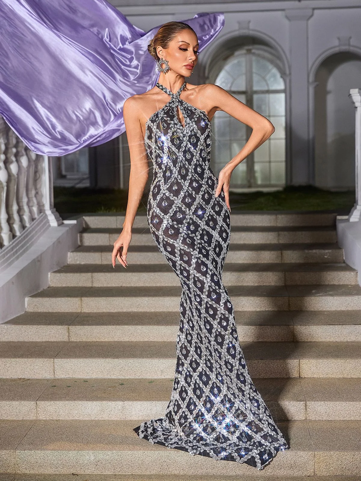 Black Sequin Crystal Backless Maxi Dress