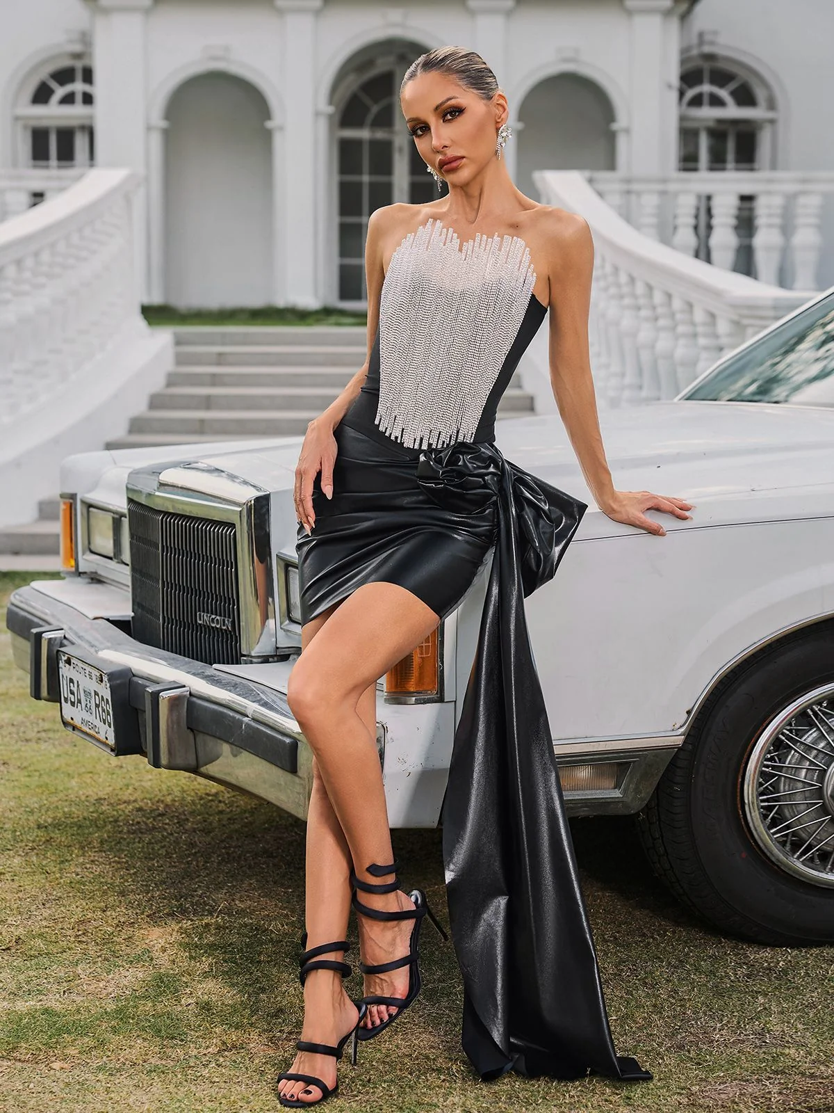 Black Draped Leather Strapless Mini Dress