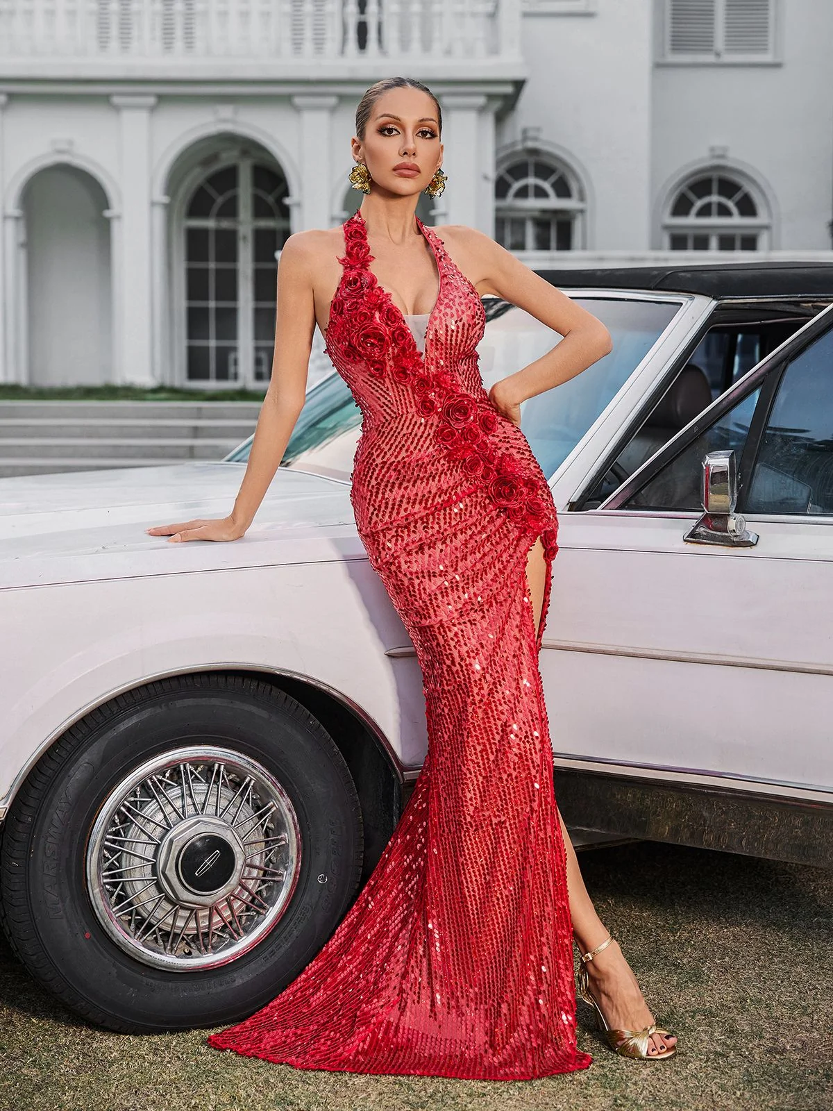 Red Floral Embellished Halterneck Maxi Dress - Elegant Style