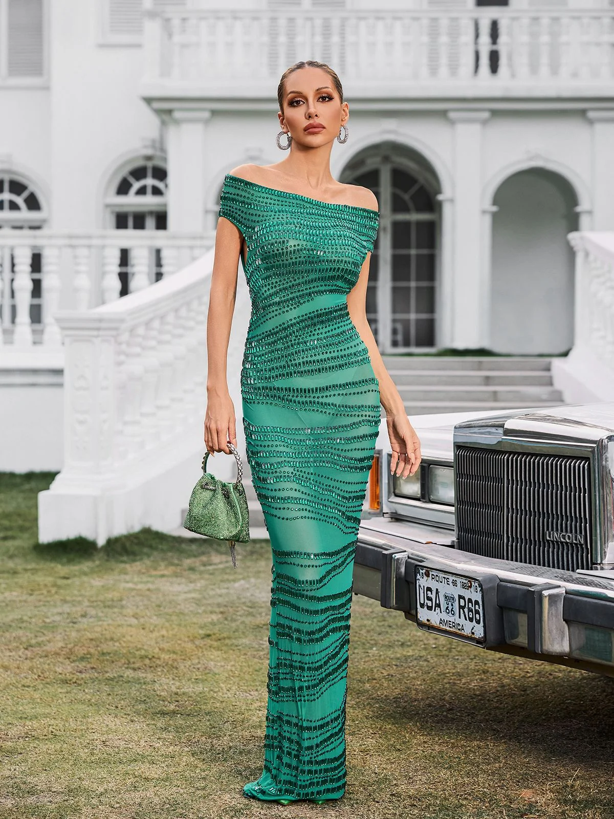 Green Mesh Rhinestone Off Shoulder Maxi Dress
