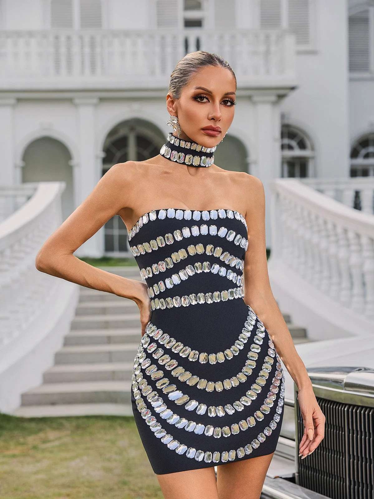 Bandage Crystal Embellished Strapless Mini Dress with Choker