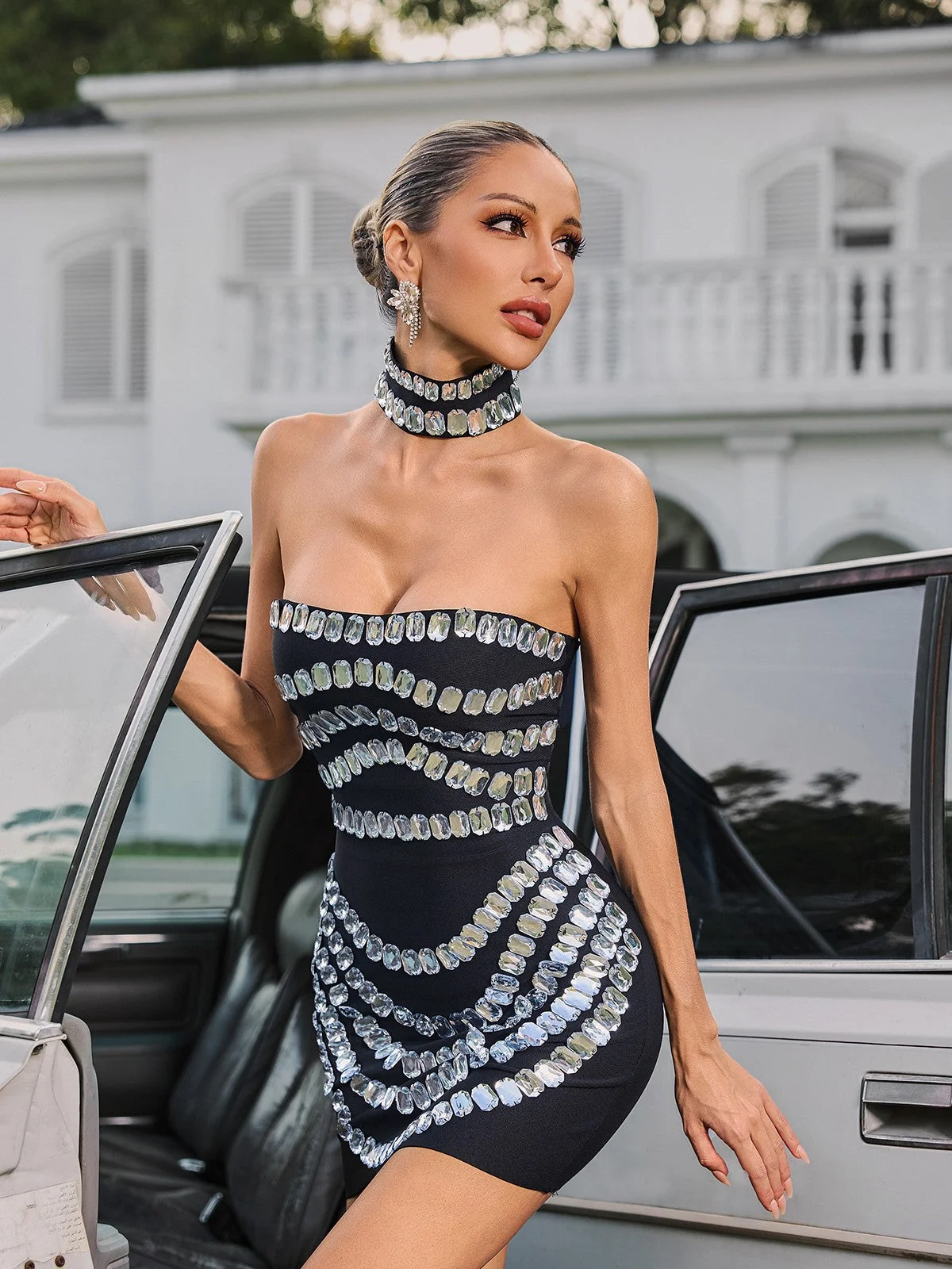 Bandage Crystal Embellished Strapless Mini Dress with Choker