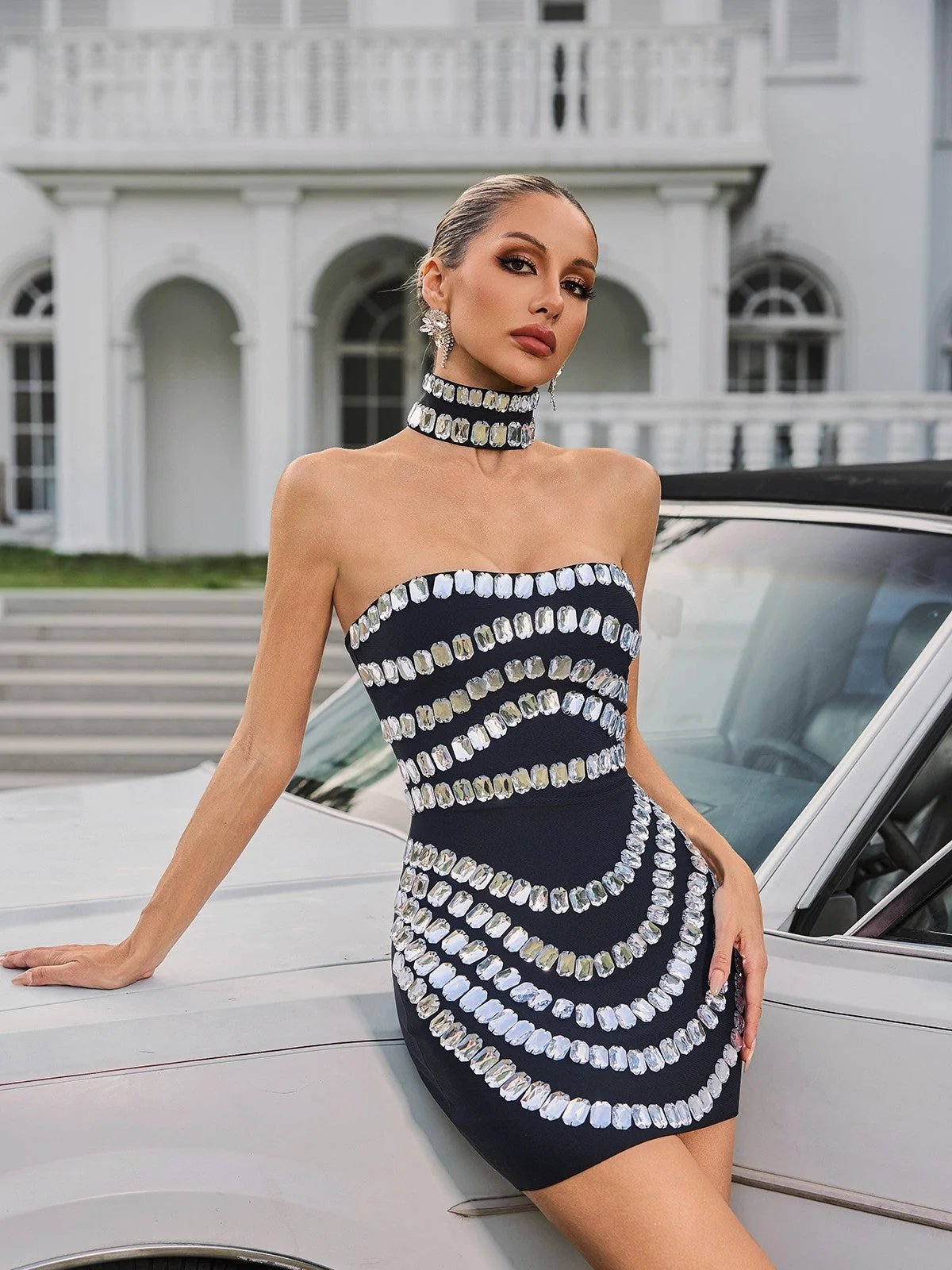 Bandage Crystal Embellished Strapless Mini Dress with Choker