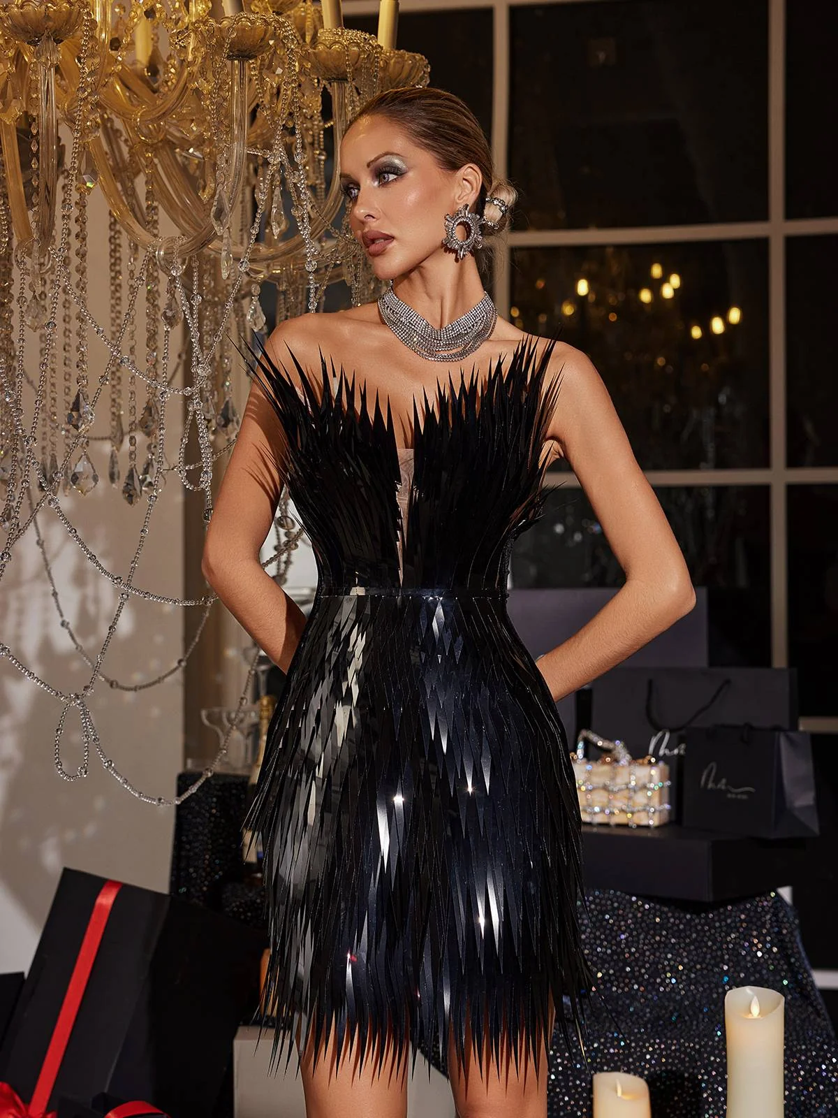 Black Metal Feather Mini Dress - Edgy Style Statement