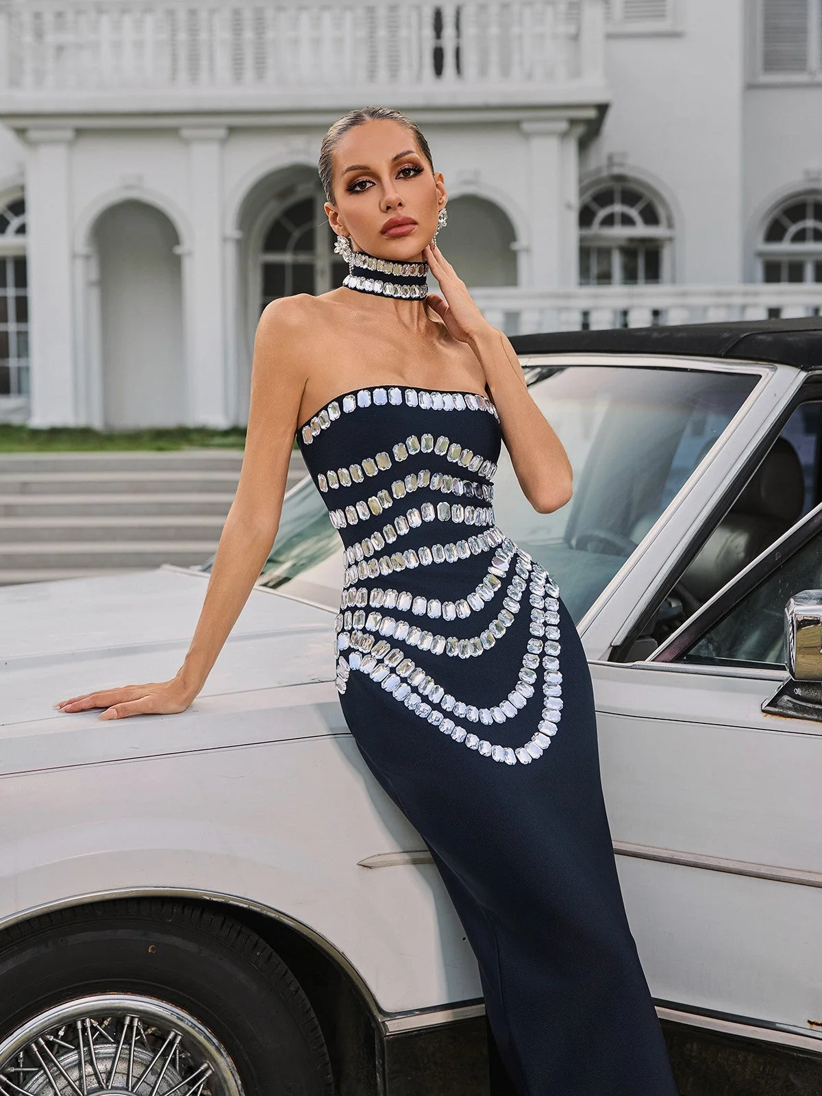 Black Strapless Crystal Bandage Maxi Dress with Choker