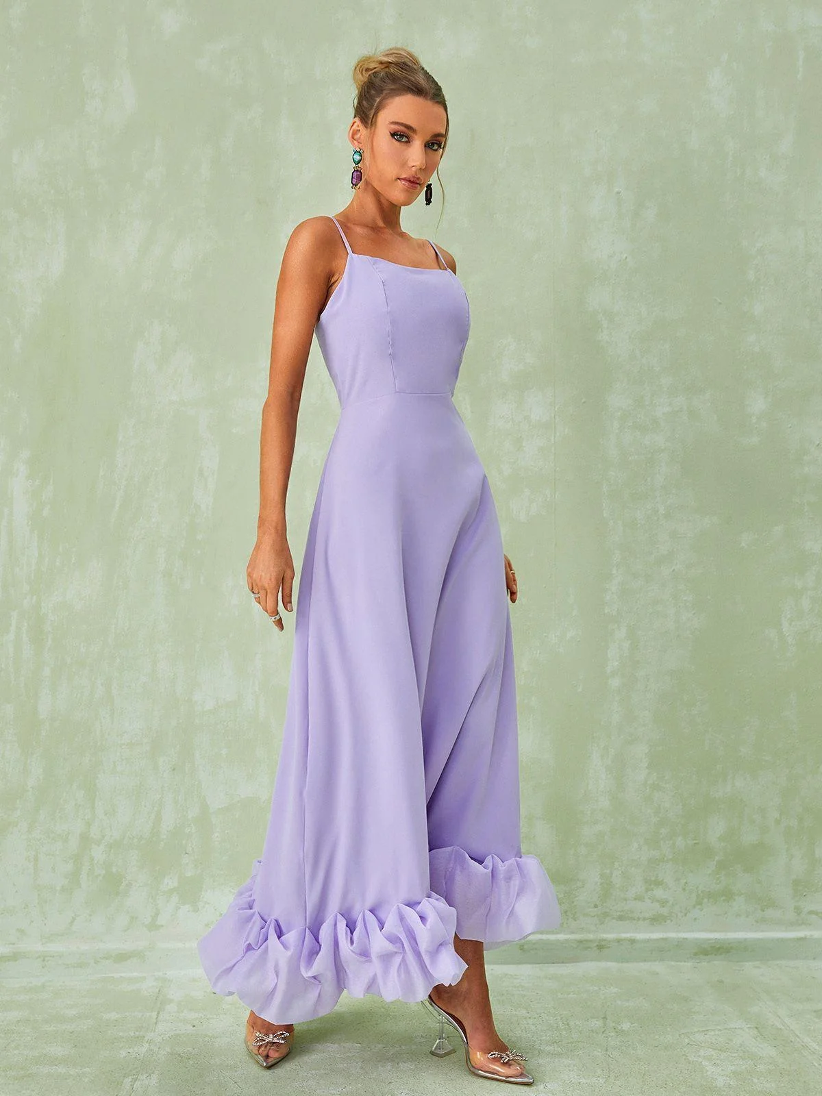 Violet Spaghetti Strap Maxi Dress - Floral Hem Detail