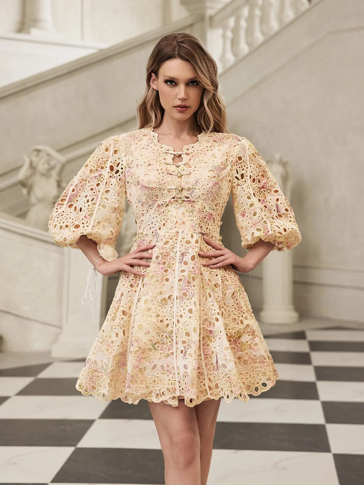 Embroidered Puff Sleeve Mini Dress - Elegant Charm & Modern Style
