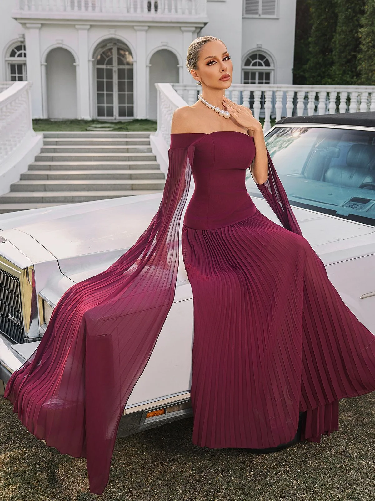 Red Pleated Off Shoulder Maxi Dress