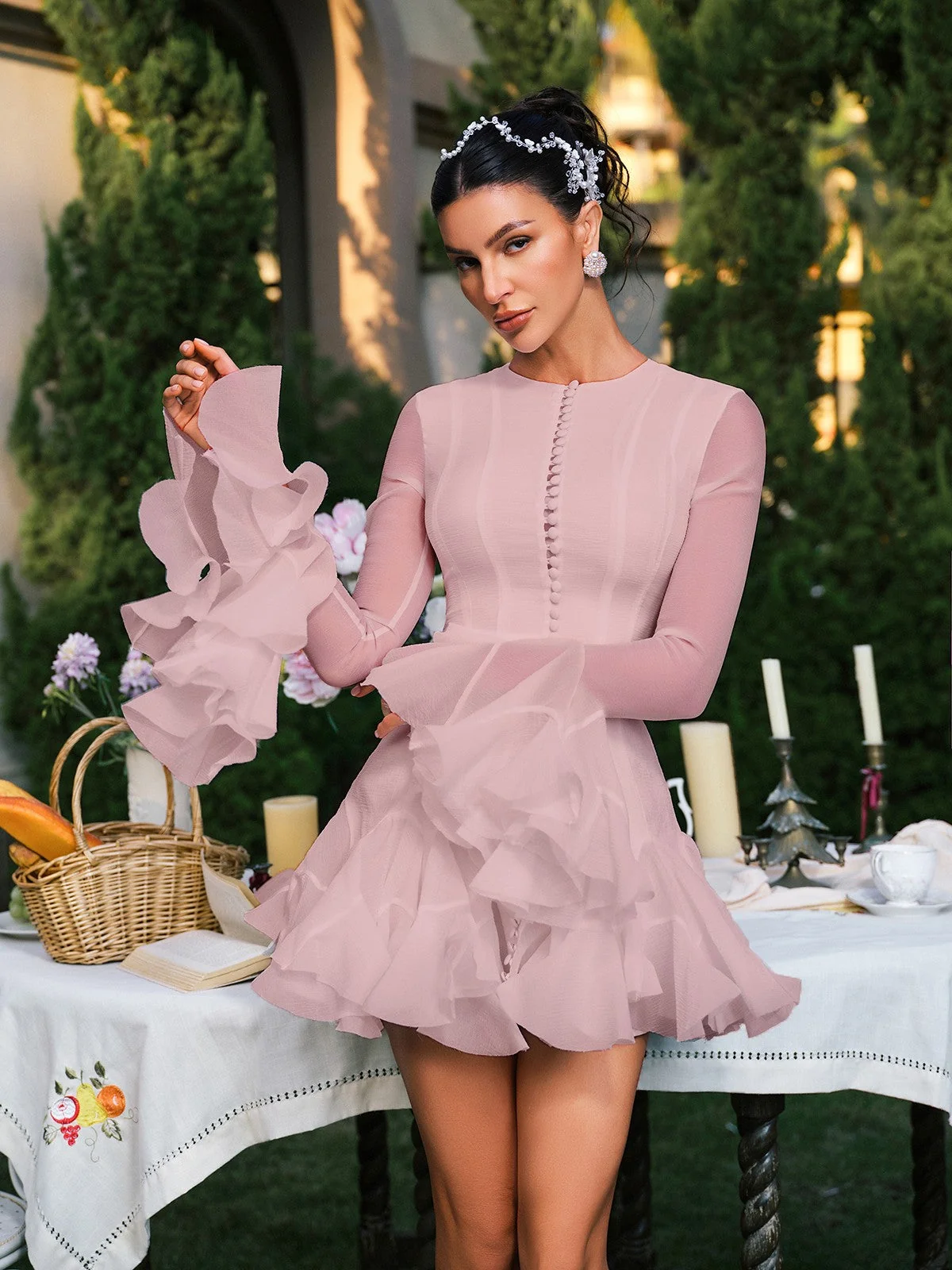 Pink Flare Sleeve Button Mini Dress - Chic & Sophisticated
