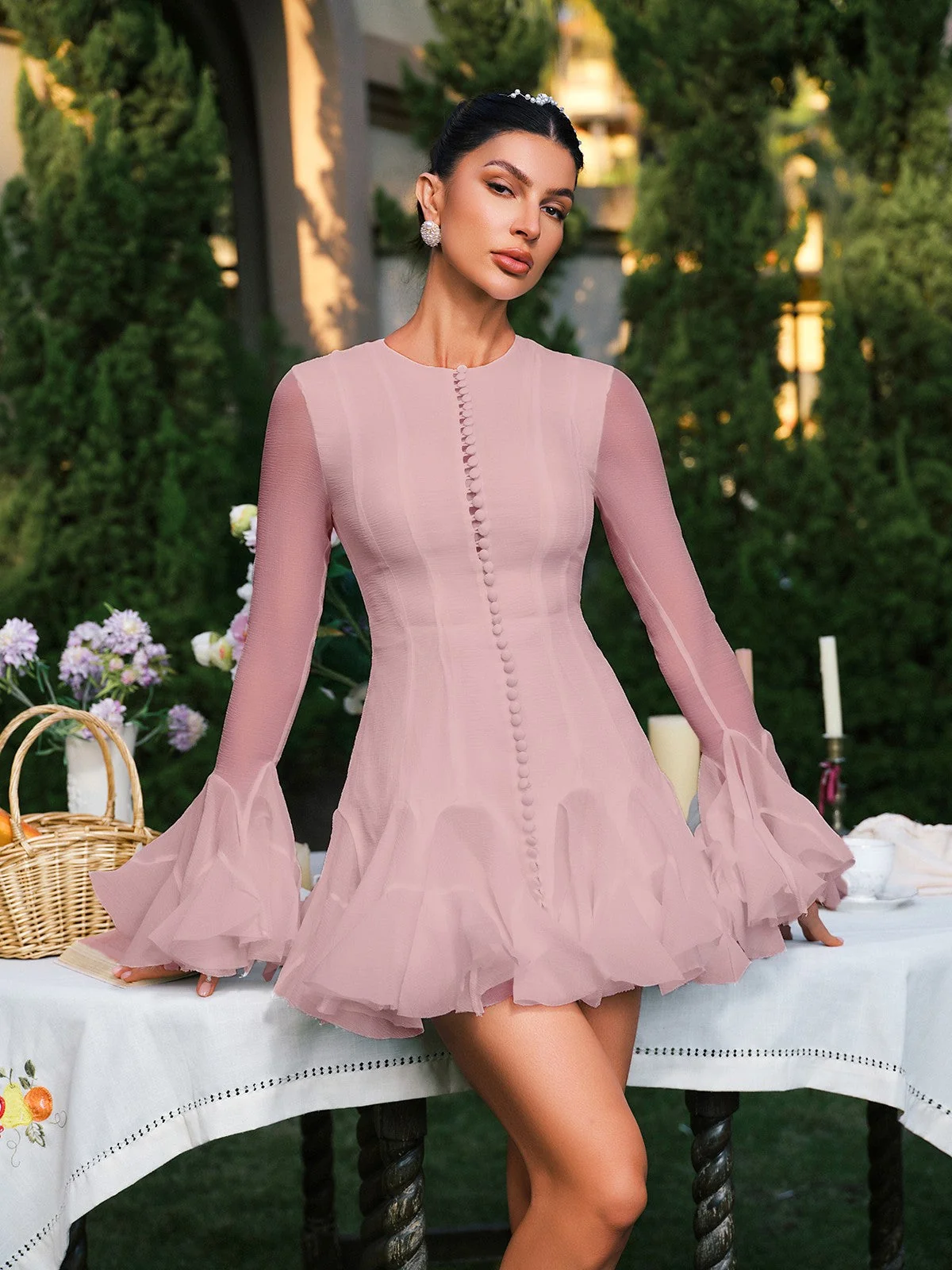 Pink Flare Sleeve Button Mini Dress - Chic & Sophisticated