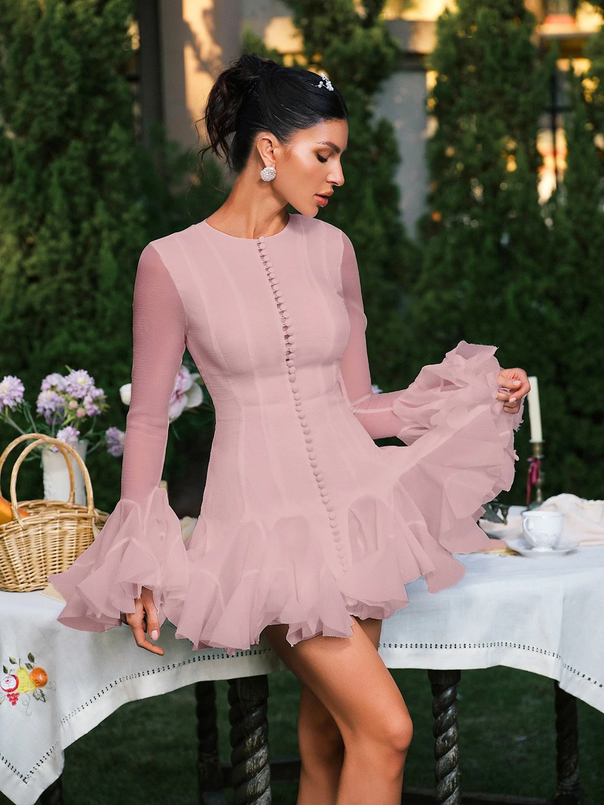 Pink Flare Sleeve Button Mini Dress - Chic & Sophisticated