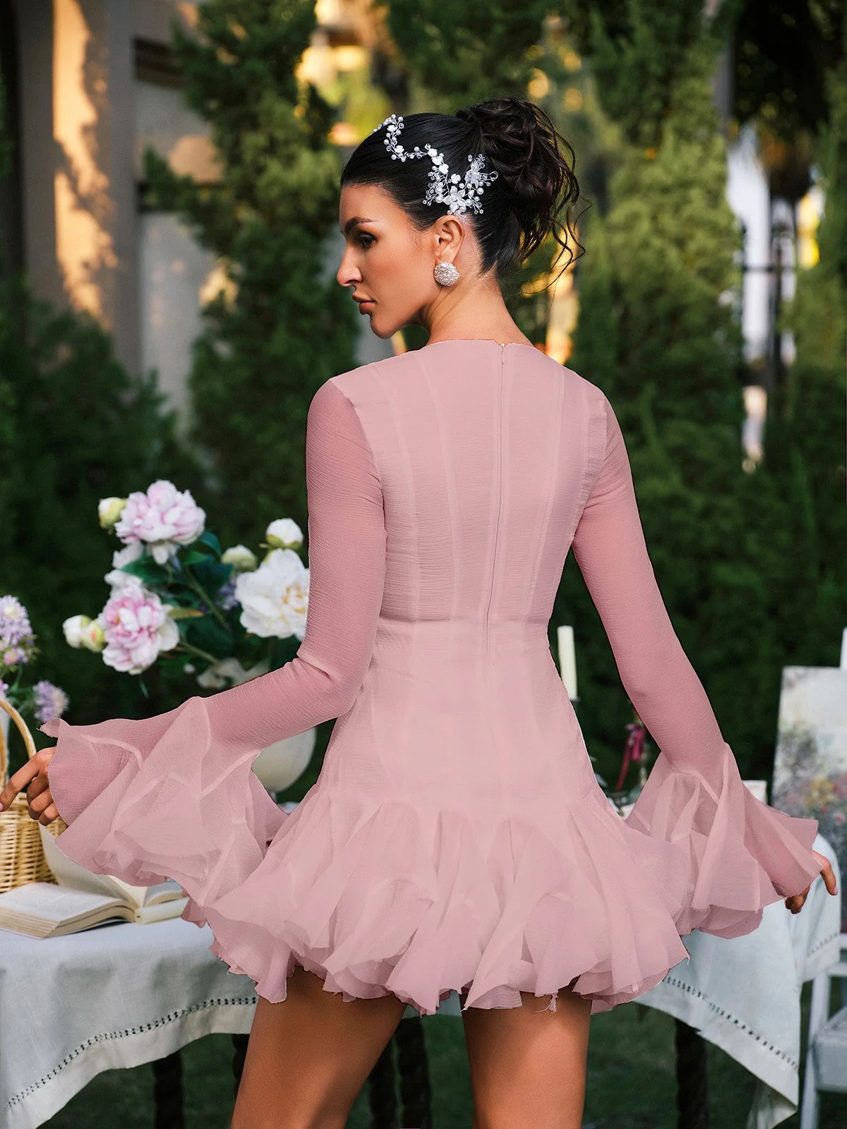 Pink Flare Sleeve Button Mini Dress - Chic & Sophisticated