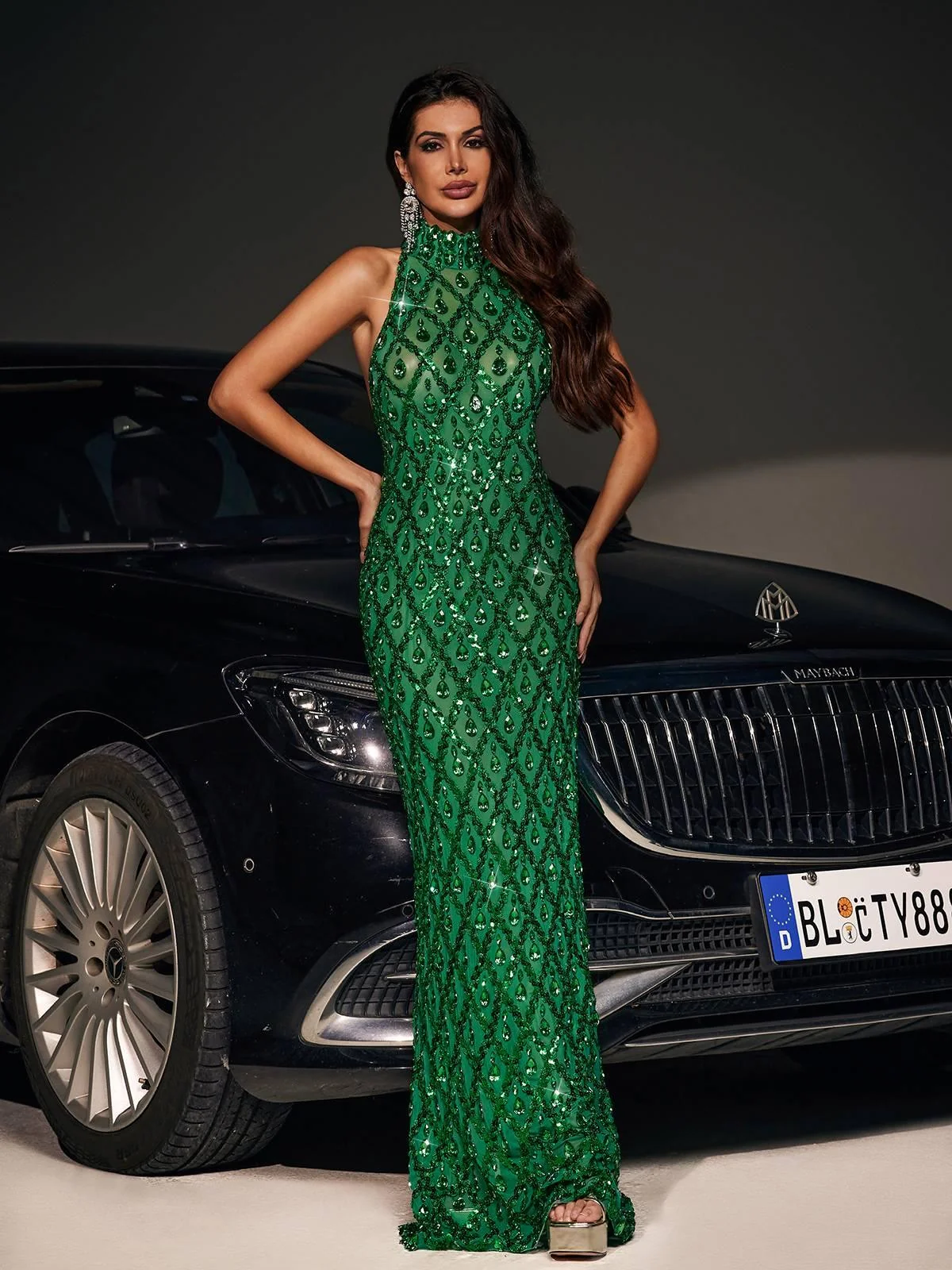 Green Sequin Crystal Maxi Dress - Sparkling Glamorous Attire