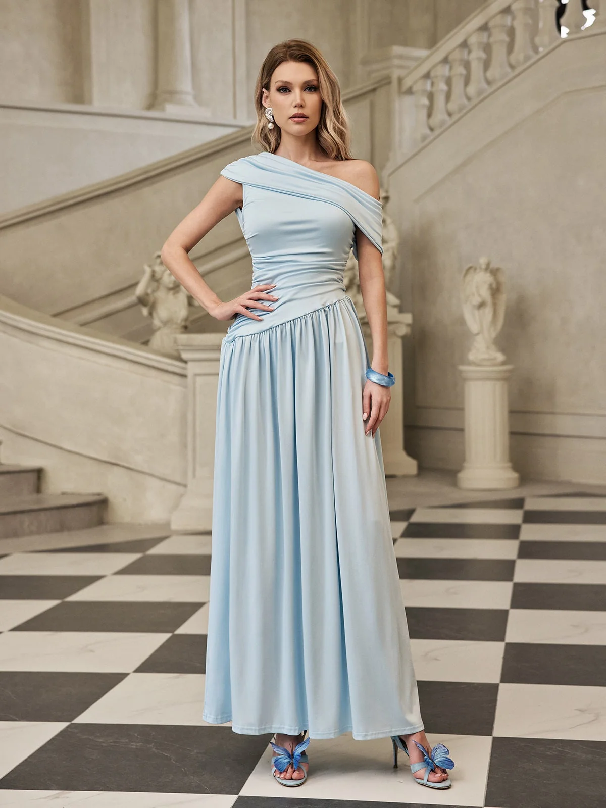 Sky Blue One-Shoulder Ruched Maxi Dress - Elegant & Modern Style