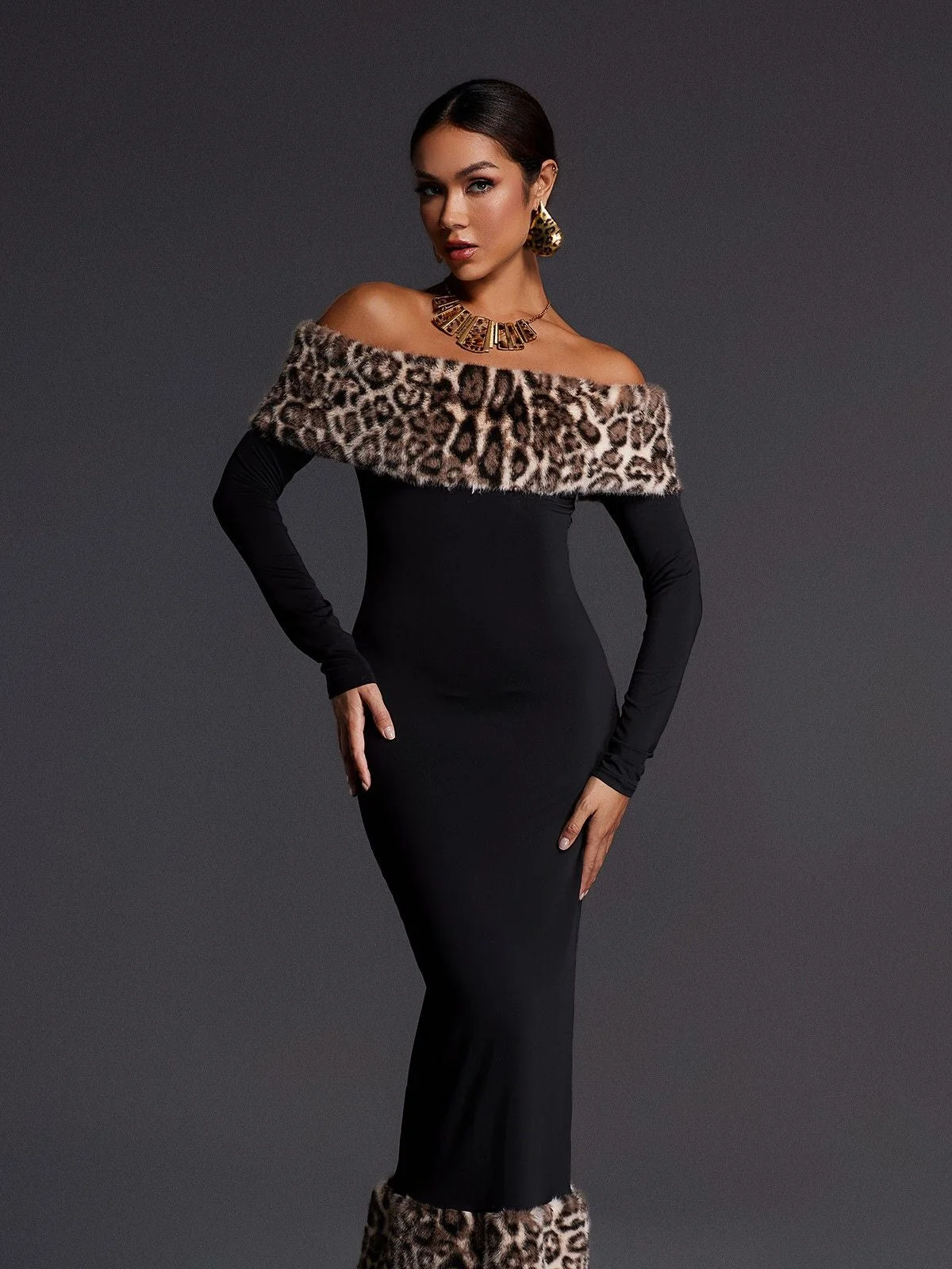 Leopard Print Off Shoulder Maxi Dress