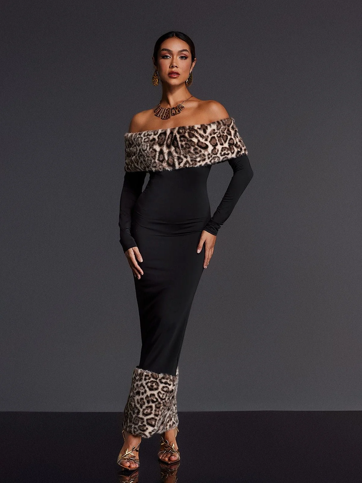 Leopard Print Off Shoulder Maxi Dress