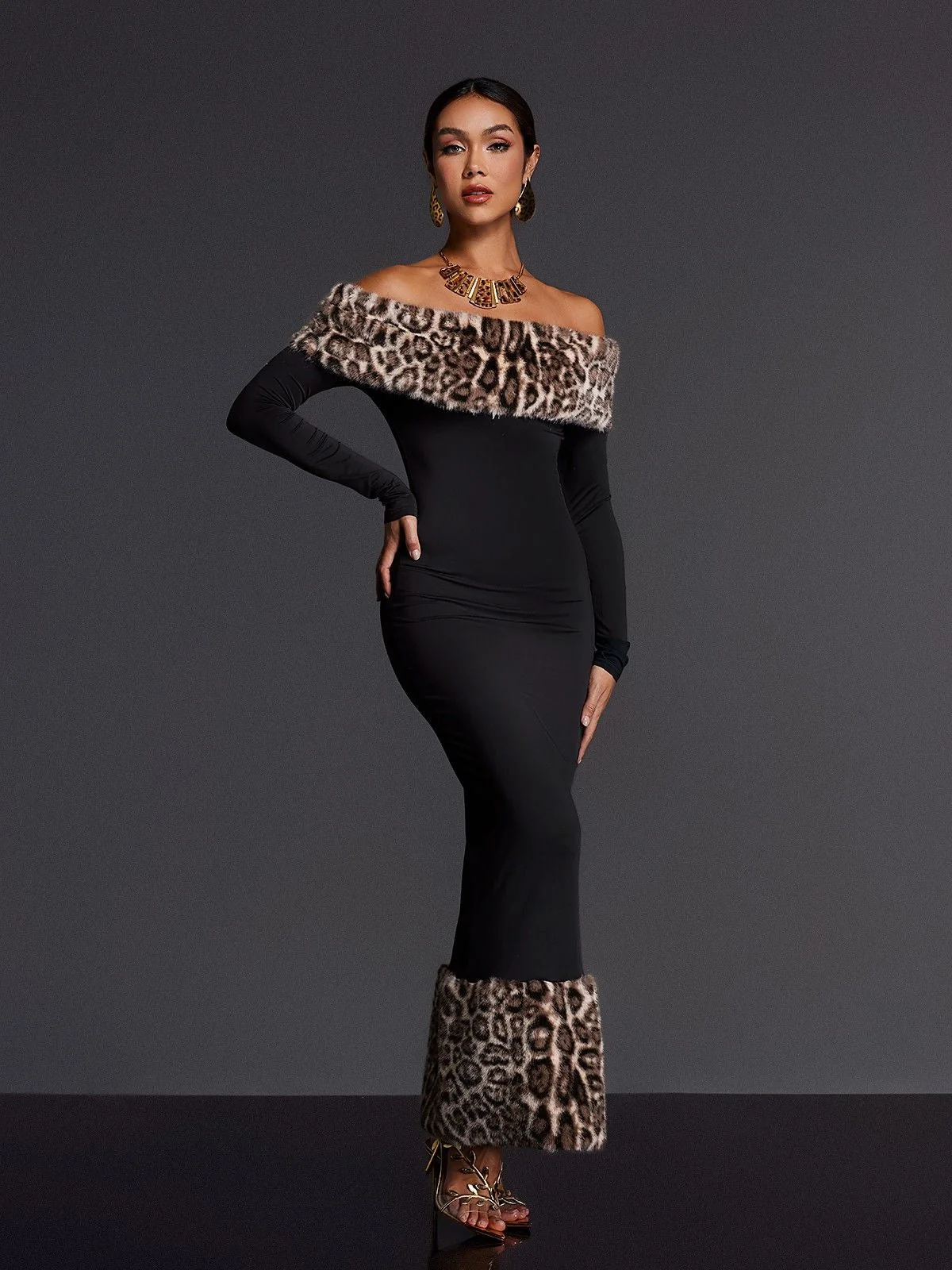 Leopard Print Off Shoulder Maxi Dress