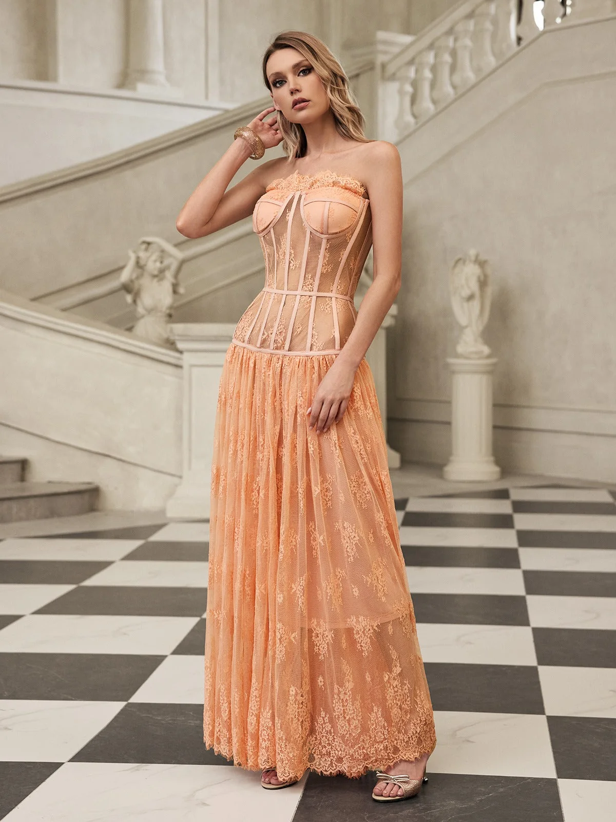 Elegant Strapless Lace Mesh Maxi Dress - Flattering Neckline