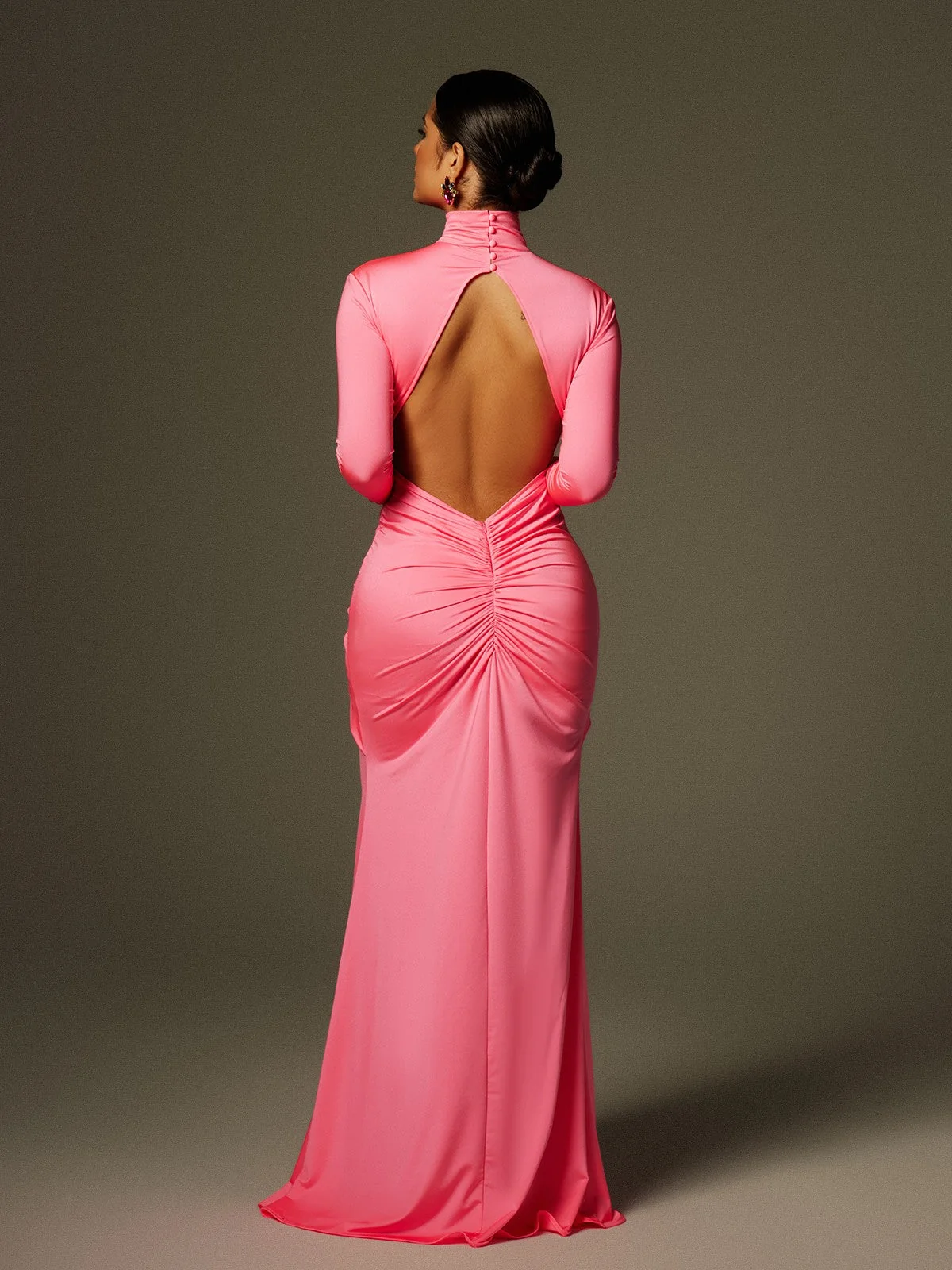 Pink Ruched Maxi Dress with High Neckline