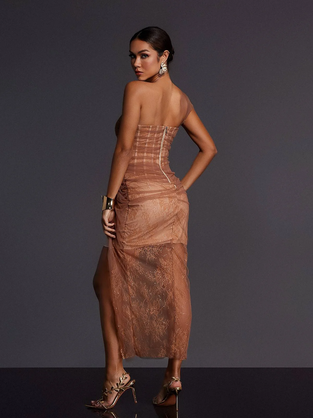 Elegant Brown Lace Mesh Midi Dress for Special Occasions
