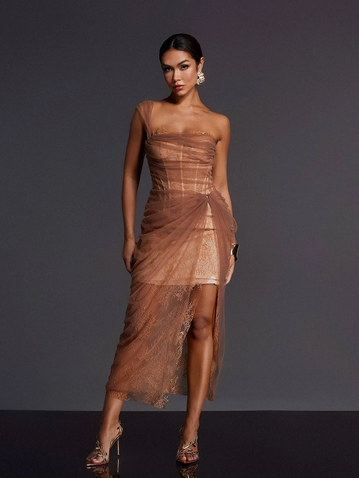 Elegant Brown Lace Mesh Midi Dress for Special Occasions