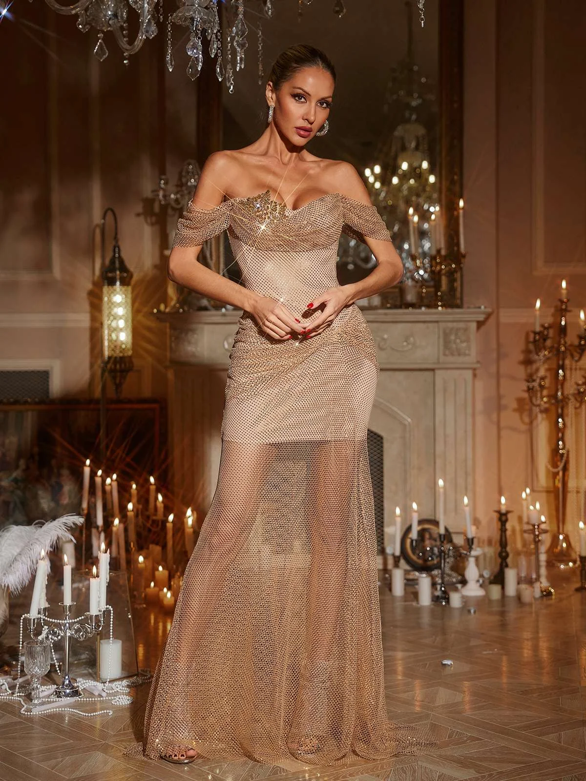 Elegant Diamond Mesh Off-Shoulder Maxi Dress