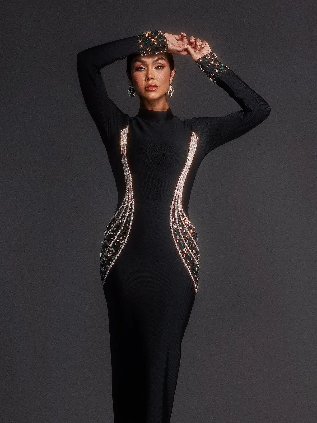 Black Rhinestone Bandage Maxi Dress | Elegant Long Sleeve Style