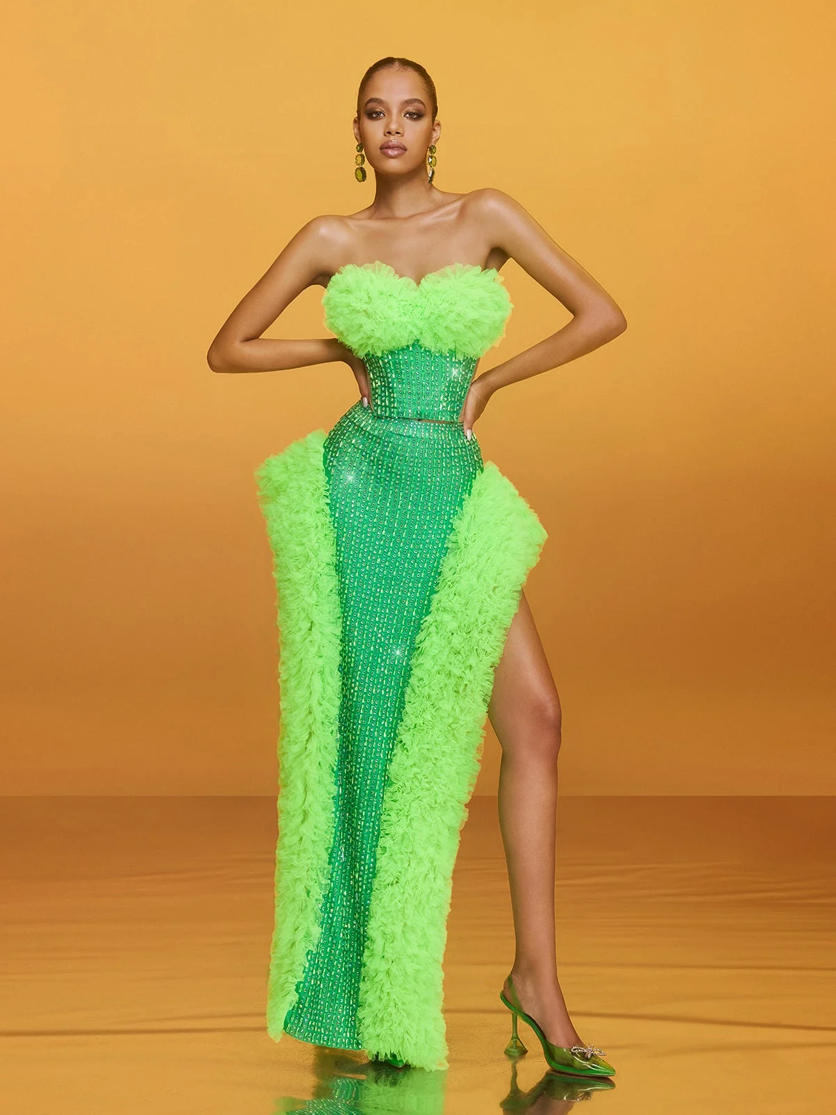 Green Rhinestone Tulle Maxi Dress - Elegant Party Attire