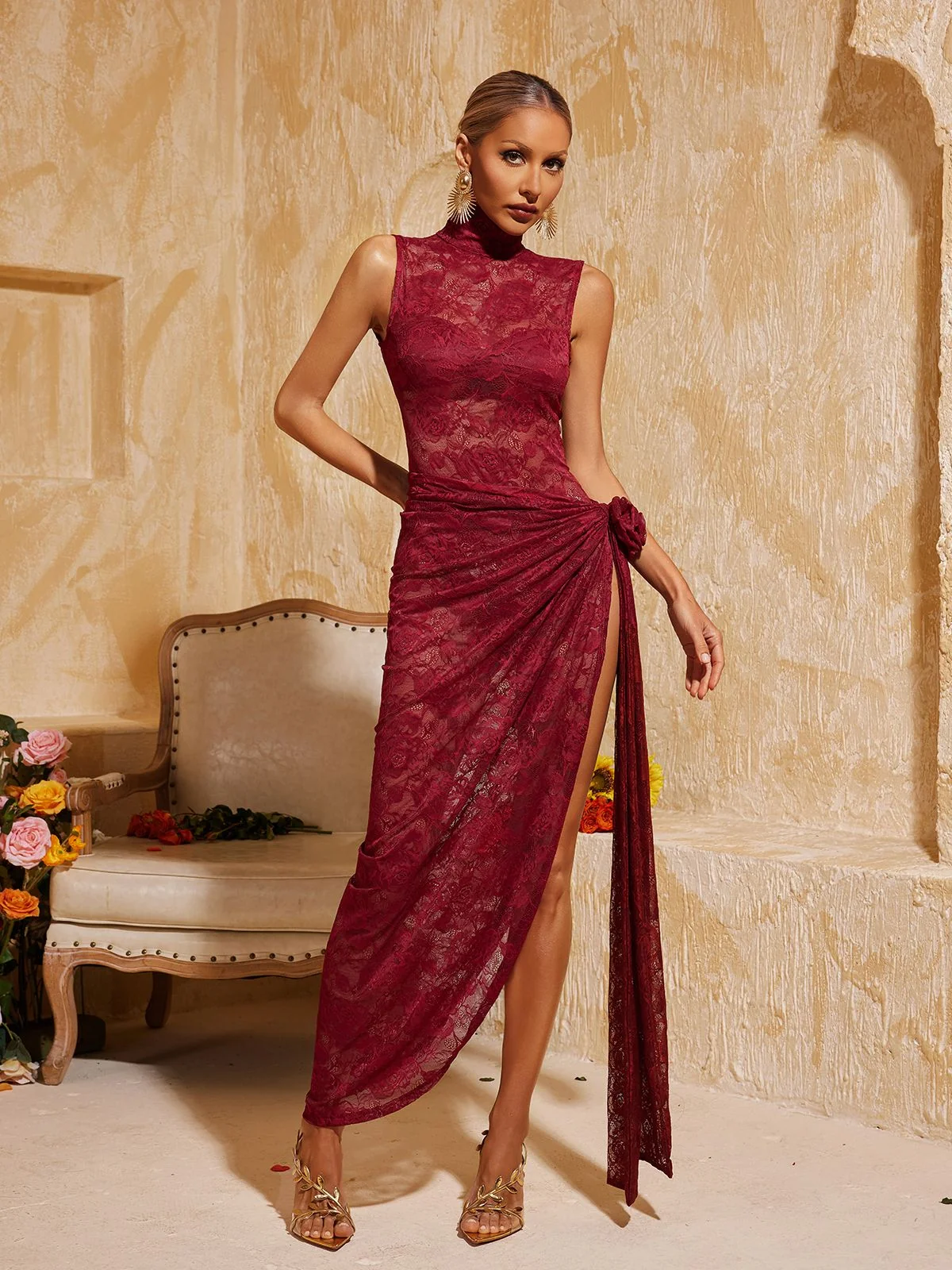 Wine High Neck Split Flower Maxi Dress