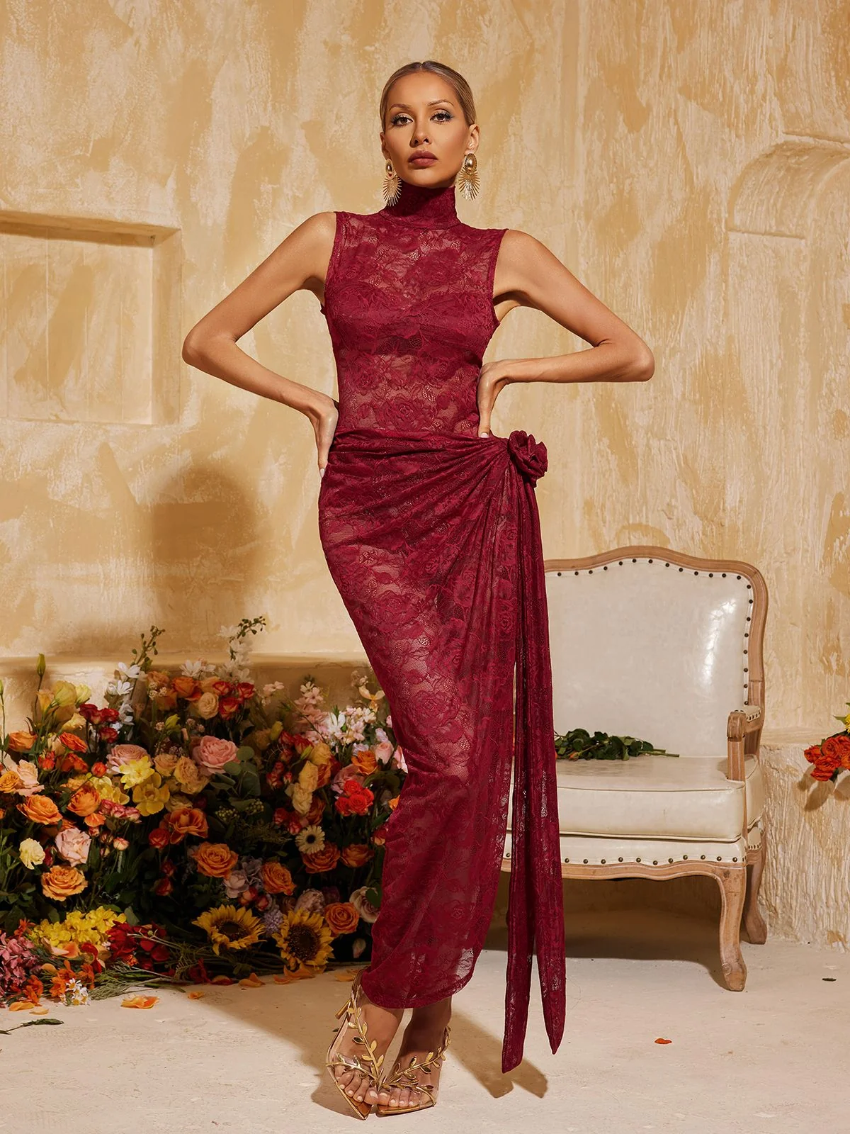 Wine High Neck Split Flower Maxi Dress