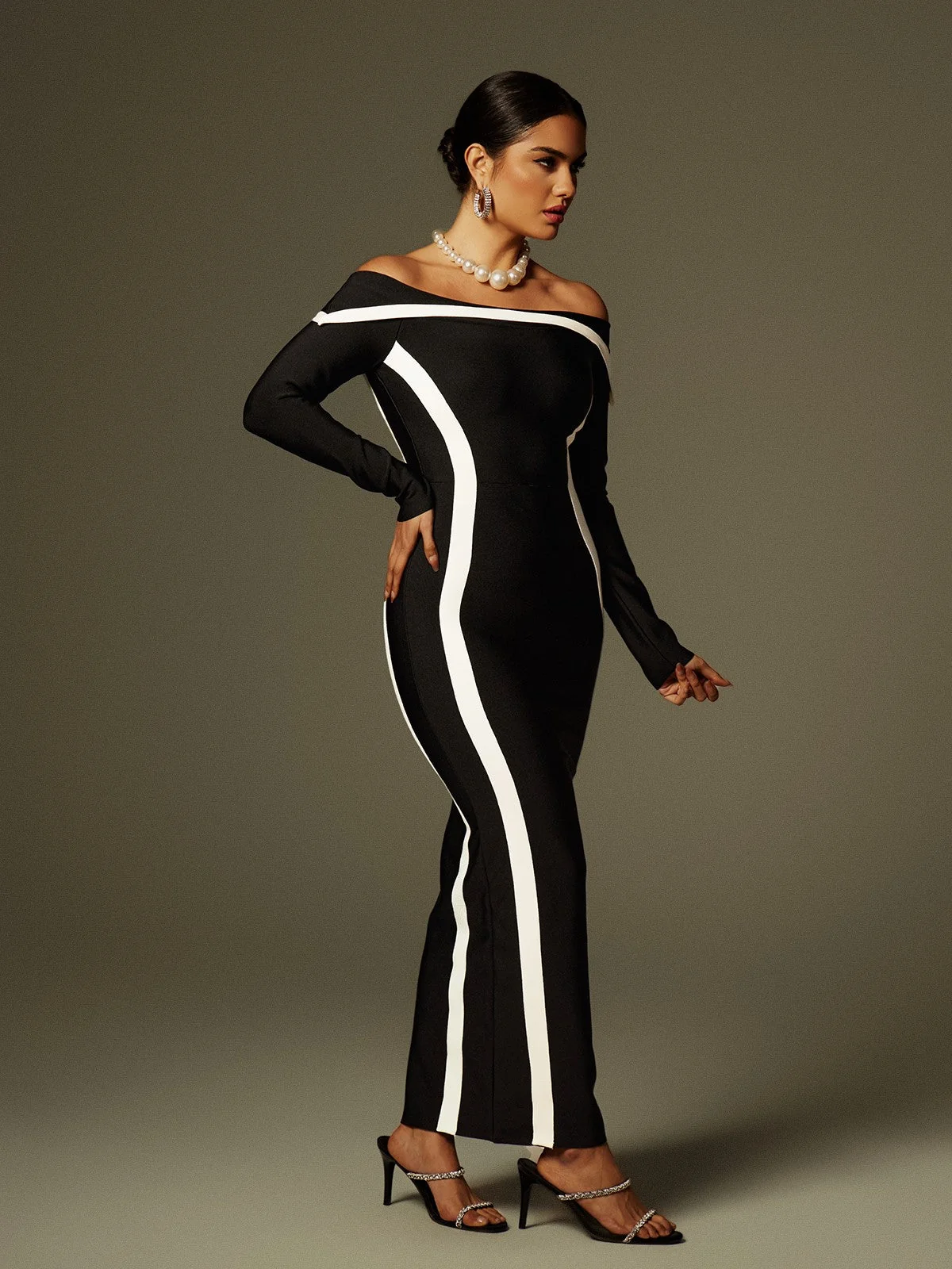 Off Shoulder Stripe Bandage Maxi Dress