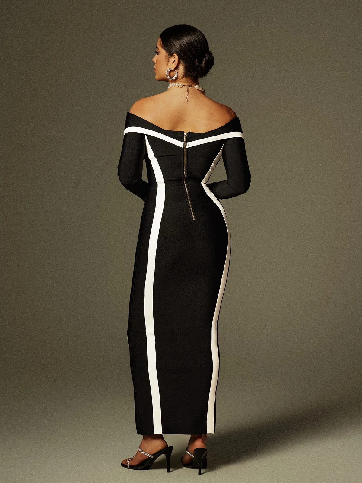 Off Shoulder Stripe Bandage Maxi Dress