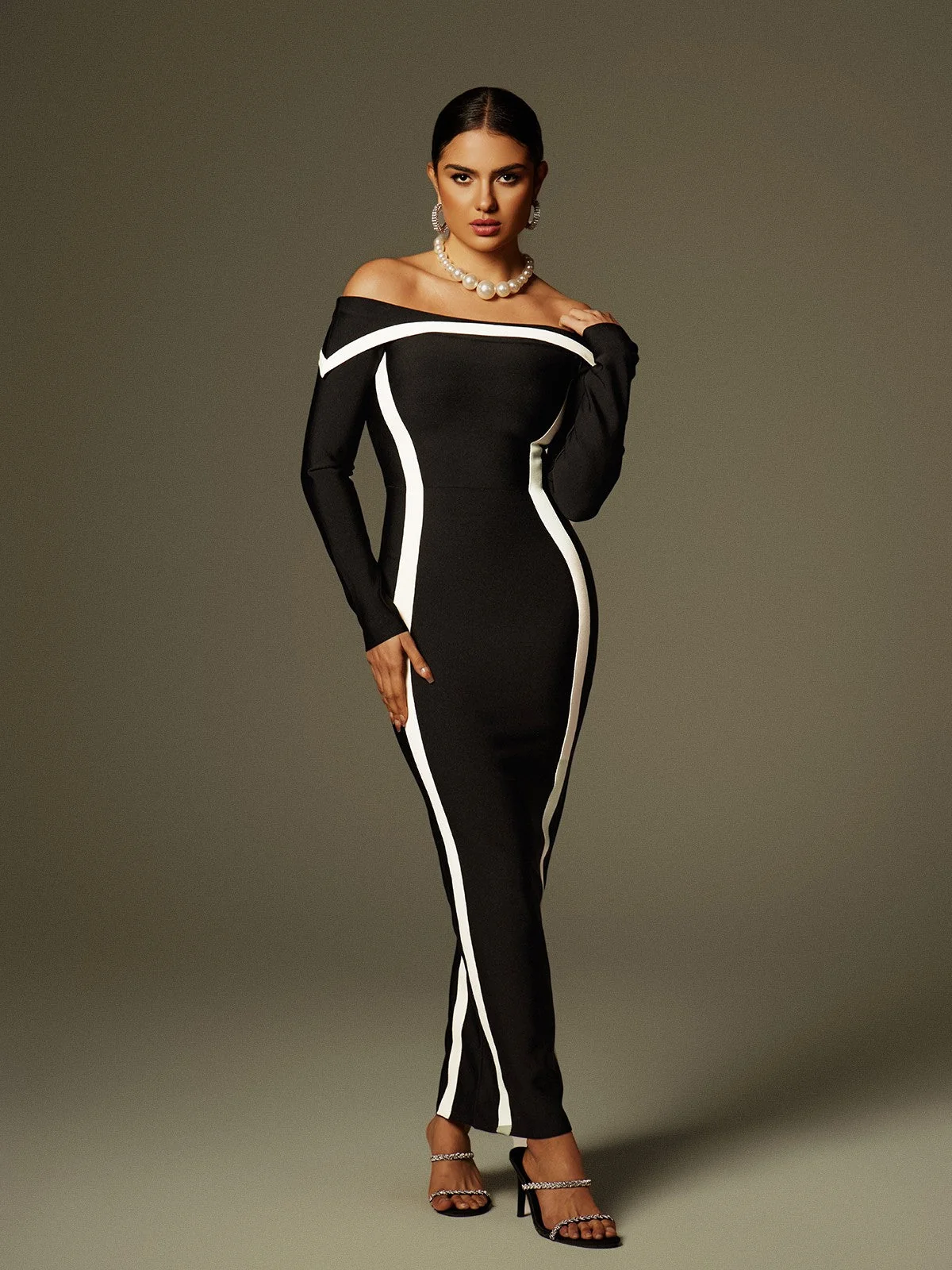 Off Shoulder Stripe Bandage Maxi Dress