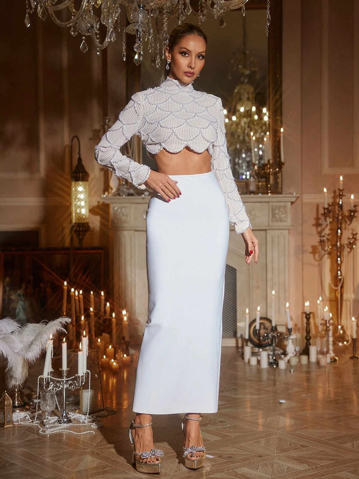 Pearl Embellished Bandage Skirt Set - Elegant Glamour