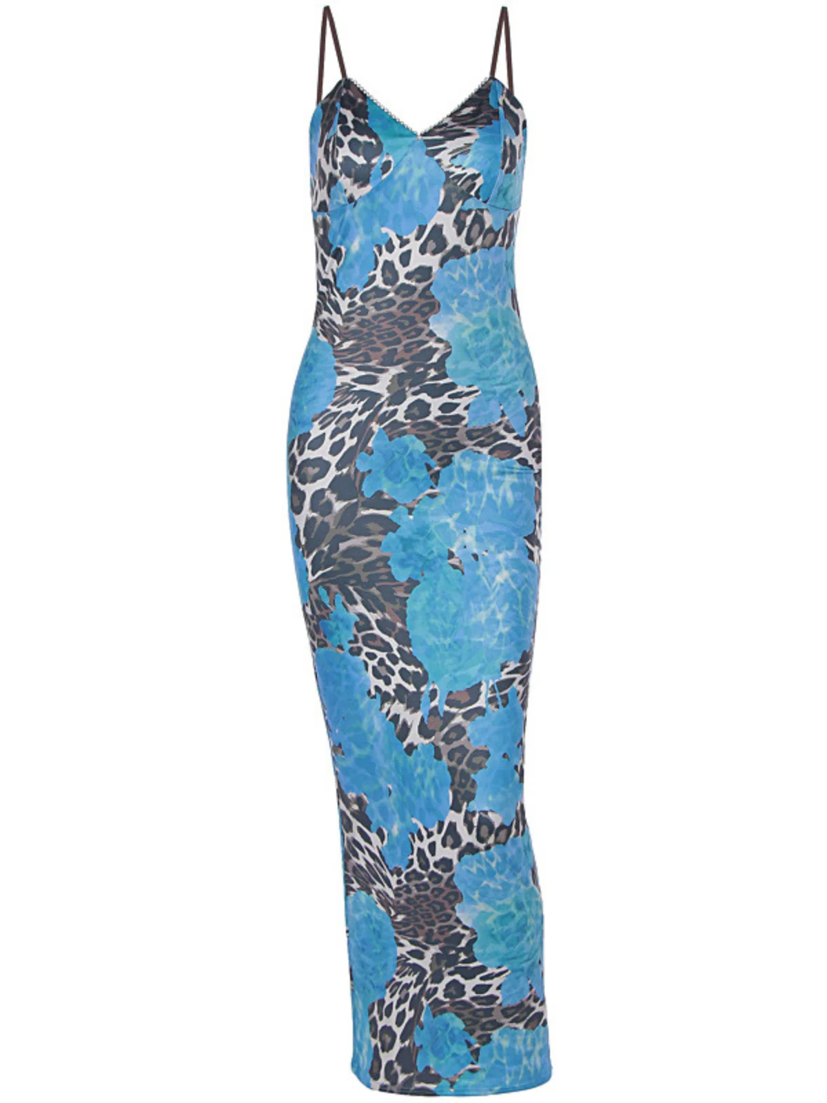 Blue Leopard Print Spaghetti Strap Midi Dress