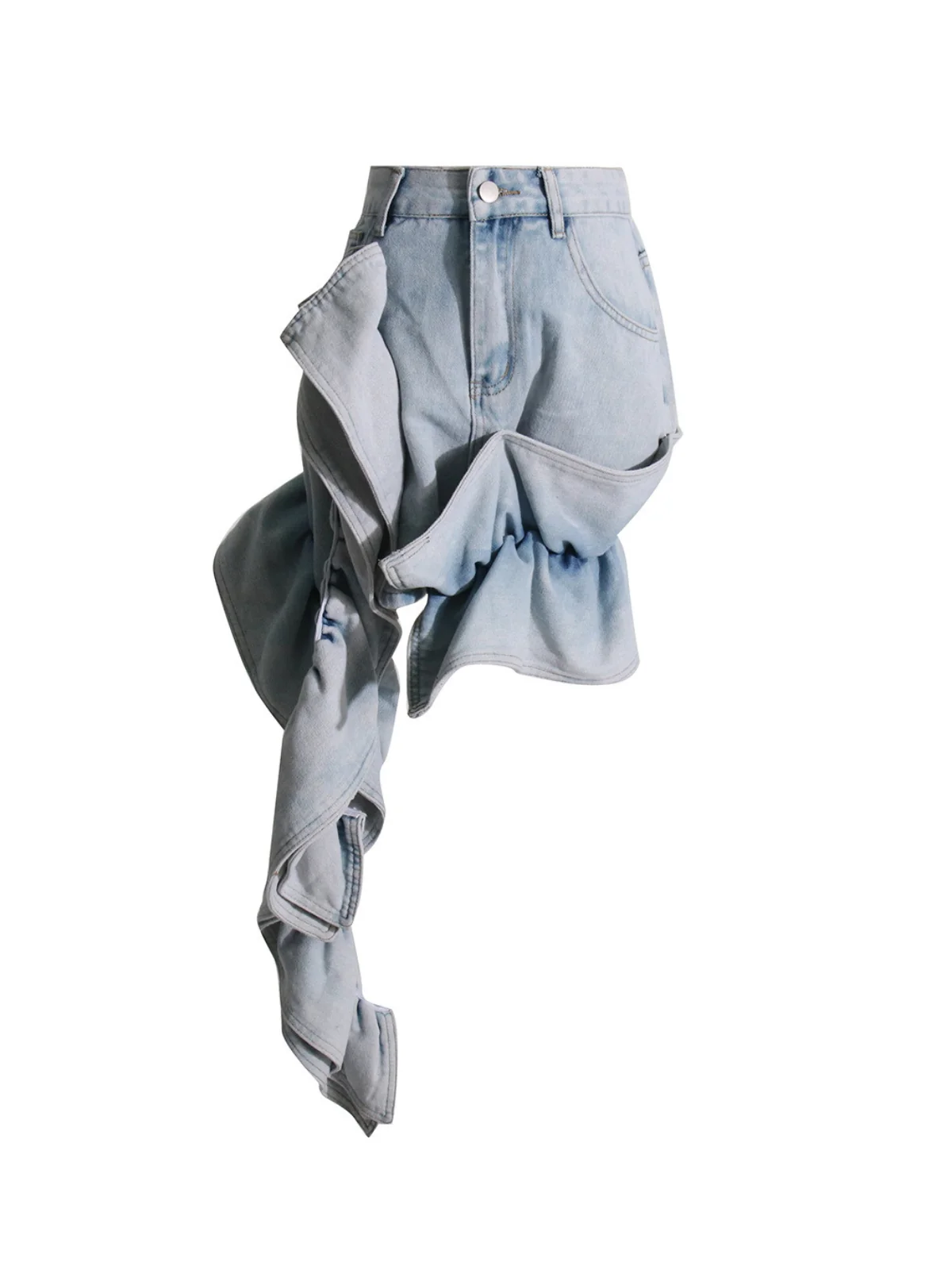 Ruched Ruffle Denim Skirt - Playful Patchwork Design