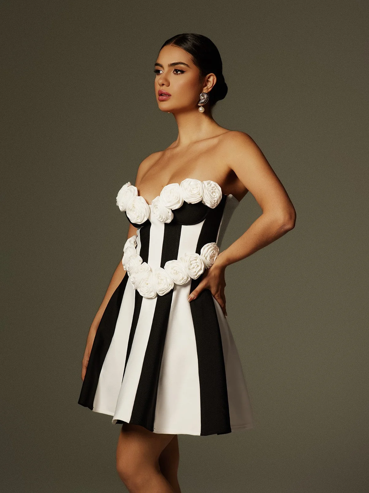 Floral Striped Bandage Mini Dress - Elegant Strapless Style