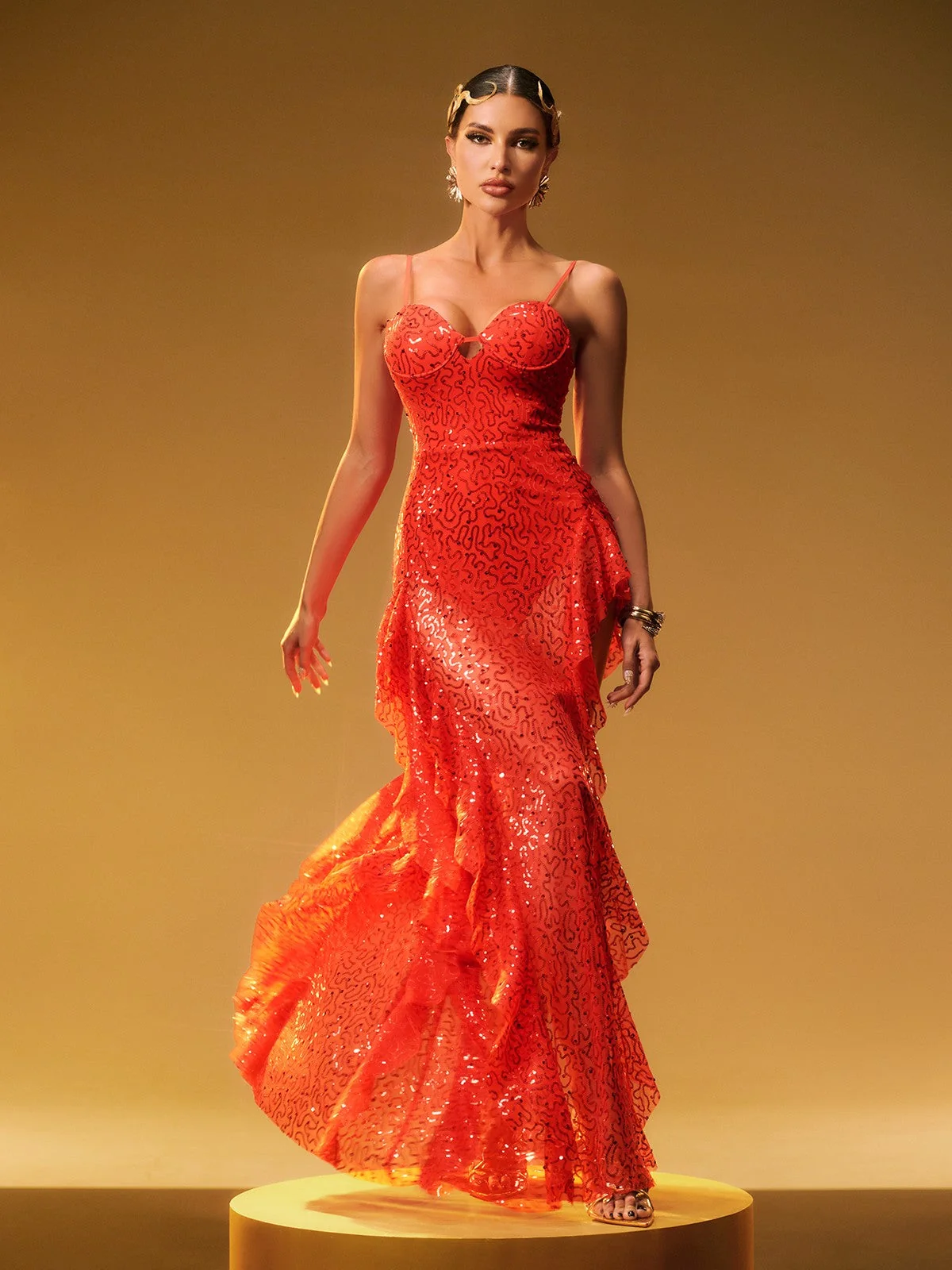 Sleek Printed Split Maxi Dress - Stylish Spaghetti Straps