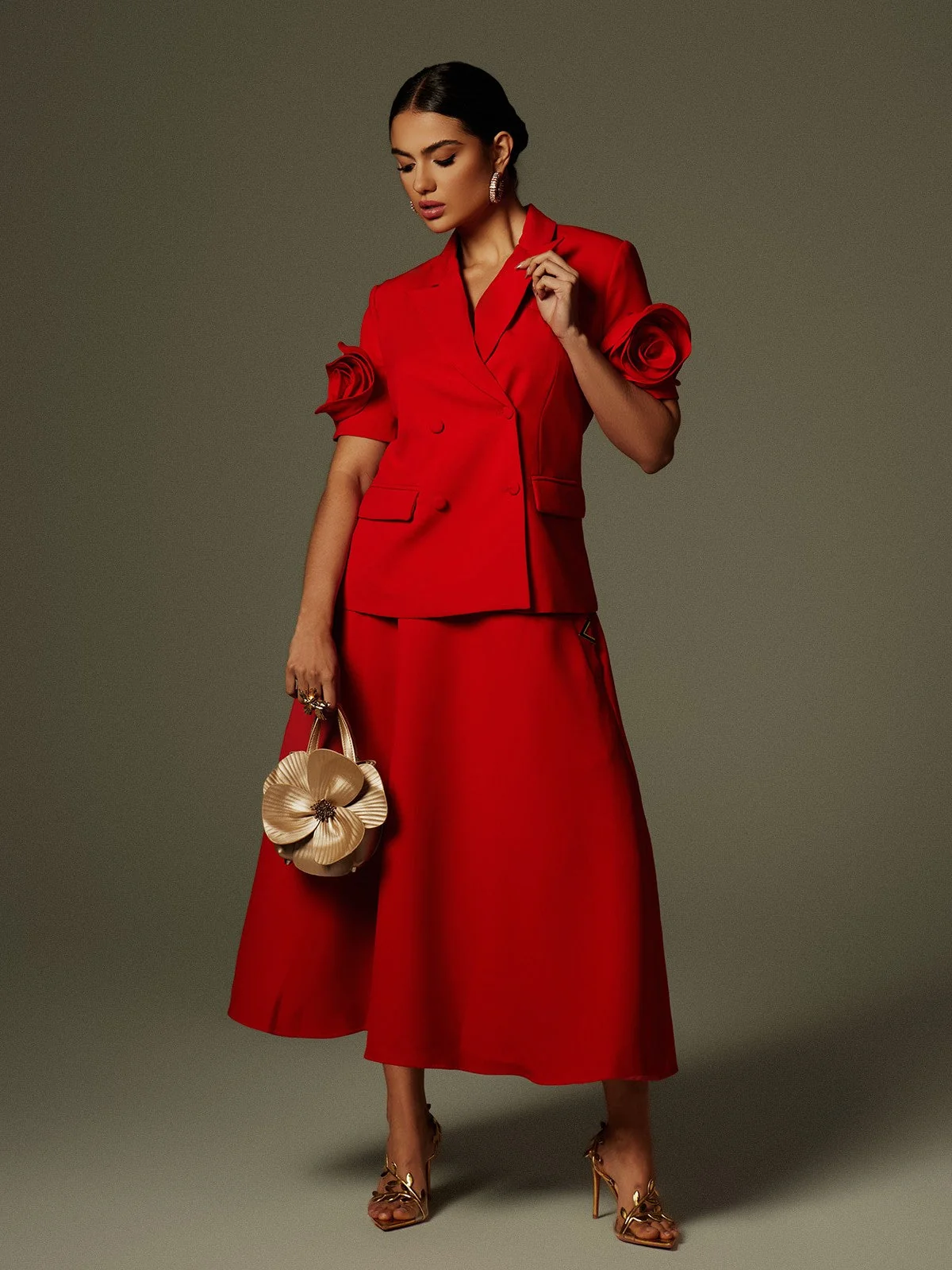 Floral Print Short Sleeve Button-Up Blazer Set