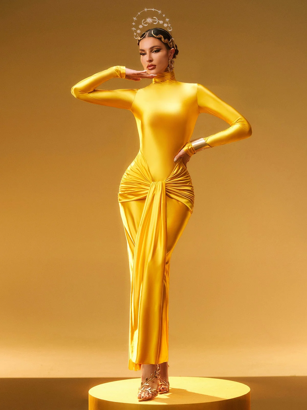 Gold Twisted Maxi Dress with Long Sleeves