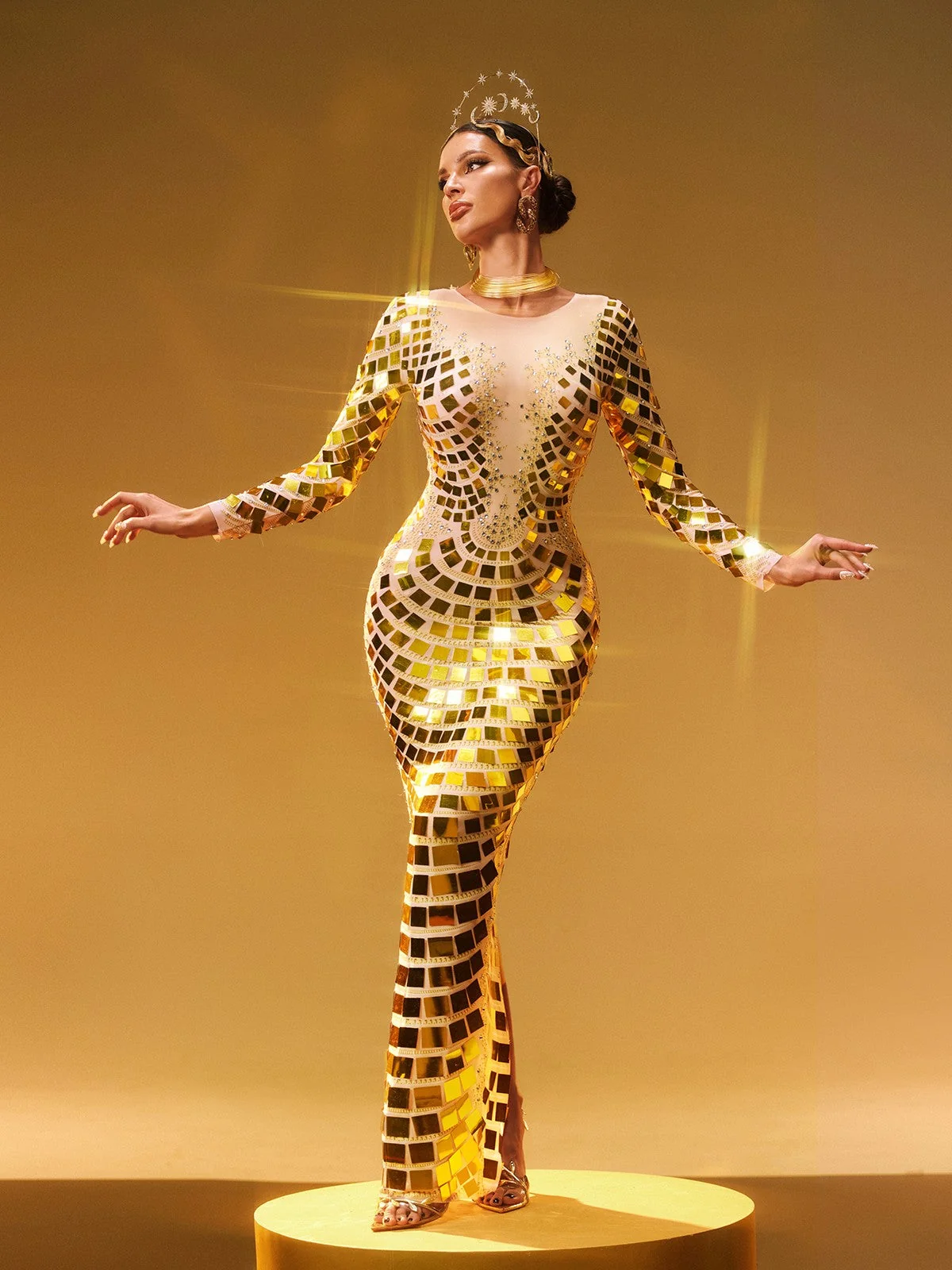 Gold Embellished Long Sleeve Maxi Dress - Elegant Curve Design