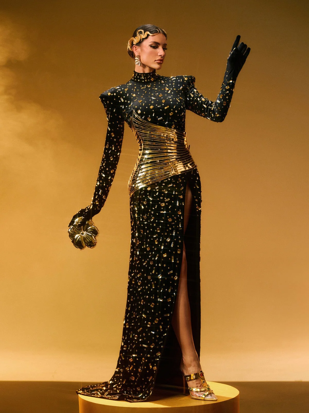 Black Rhinestone Split Maxi Dress - Elegant Evening Wear