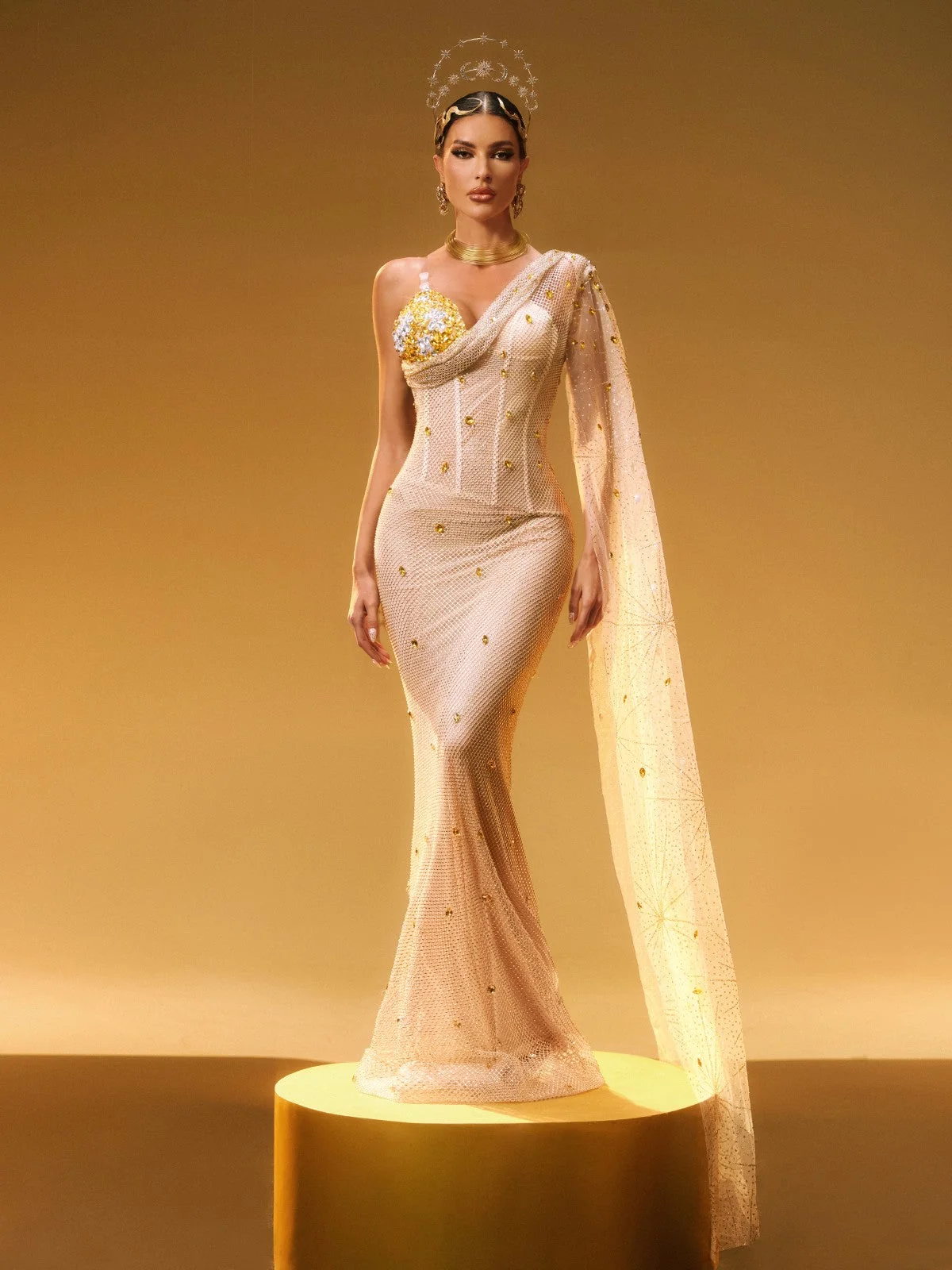 Glitter One Shoulder Maxi Dress - Elegant Rhinestone Detail