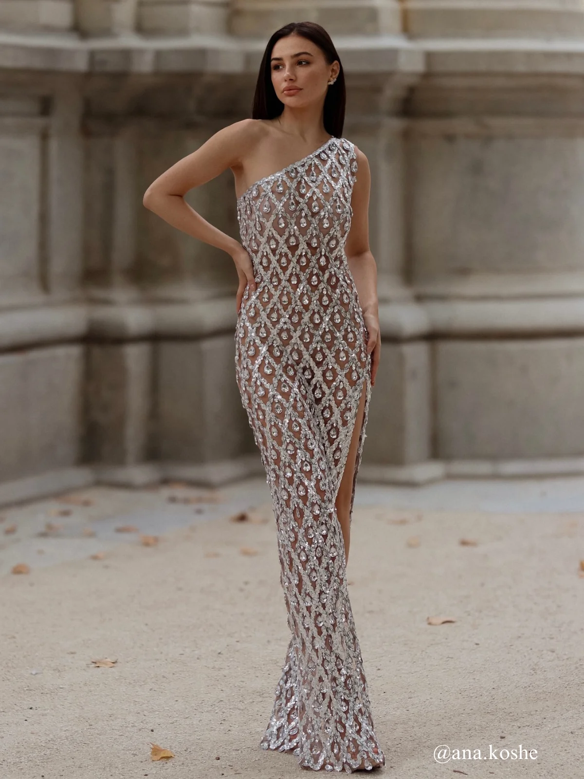 Sequin Crystal One Shoulder Maxi Dress - Elegant Evening Gown