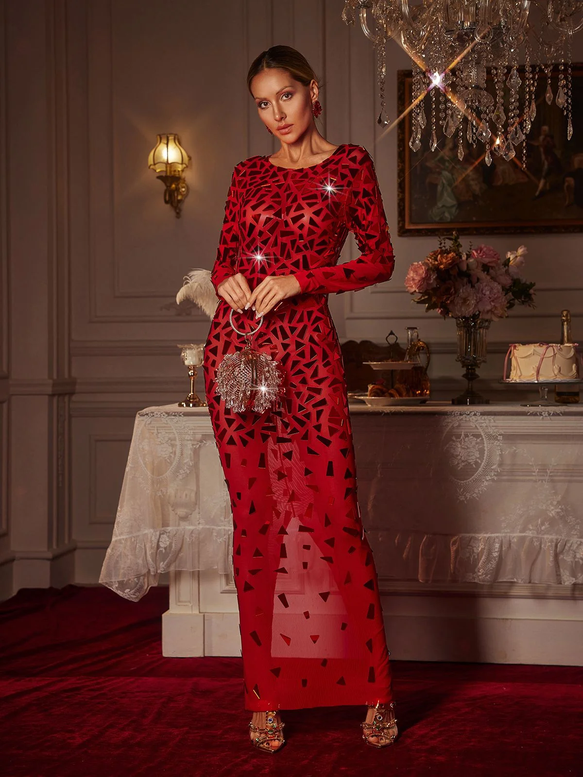 Elegant Long Sleeve Acrylic Mesh Maxi Dress - Red