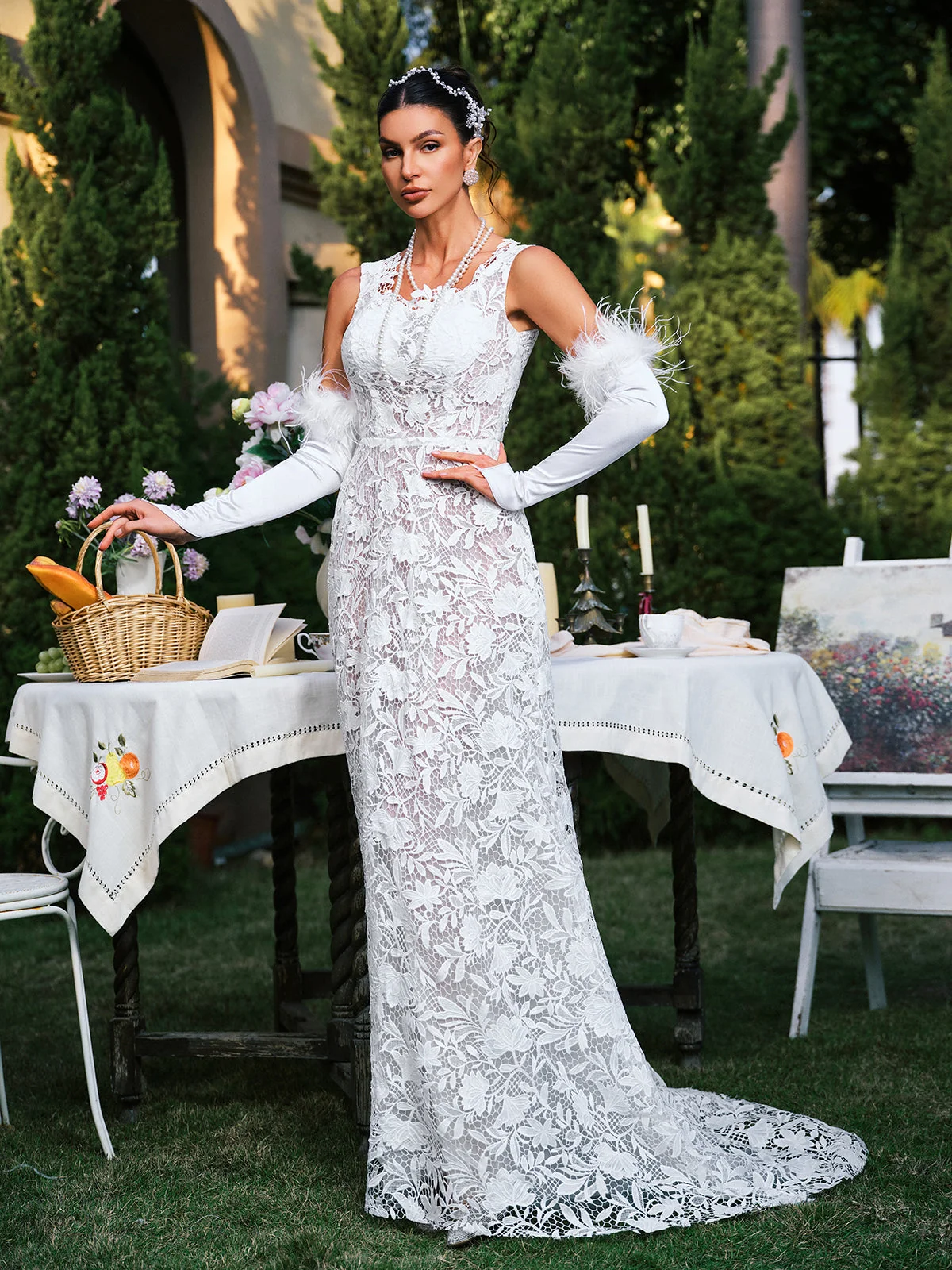 White Floral Lace Maxi Dress - Elegant Plunge Neck Design