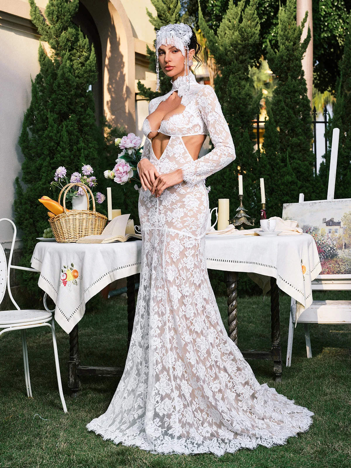 Delicate Lace Maxi Dress with Cutout Details - White