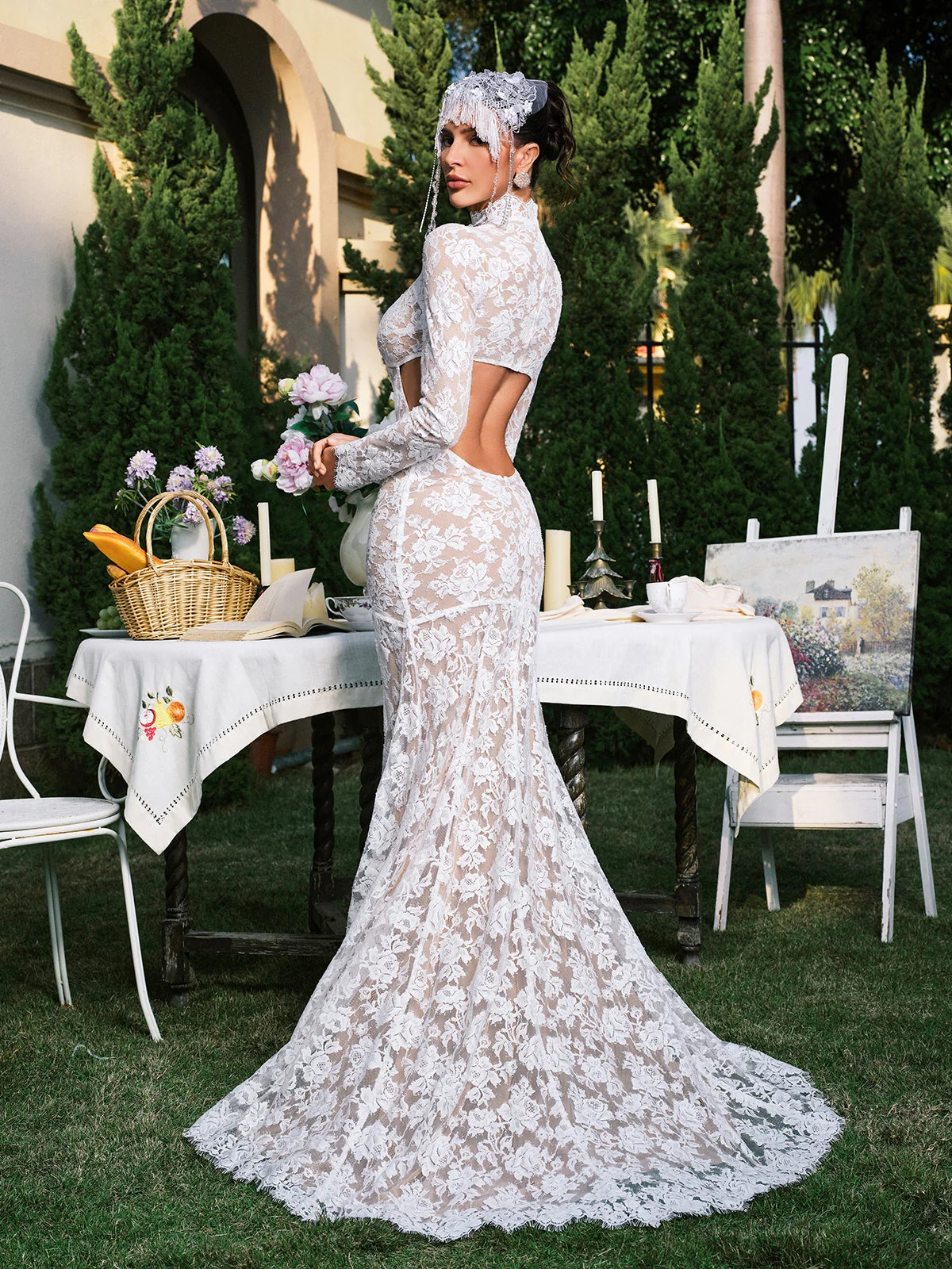 Delicate Lace Maxi Dress with Cutout Details - White