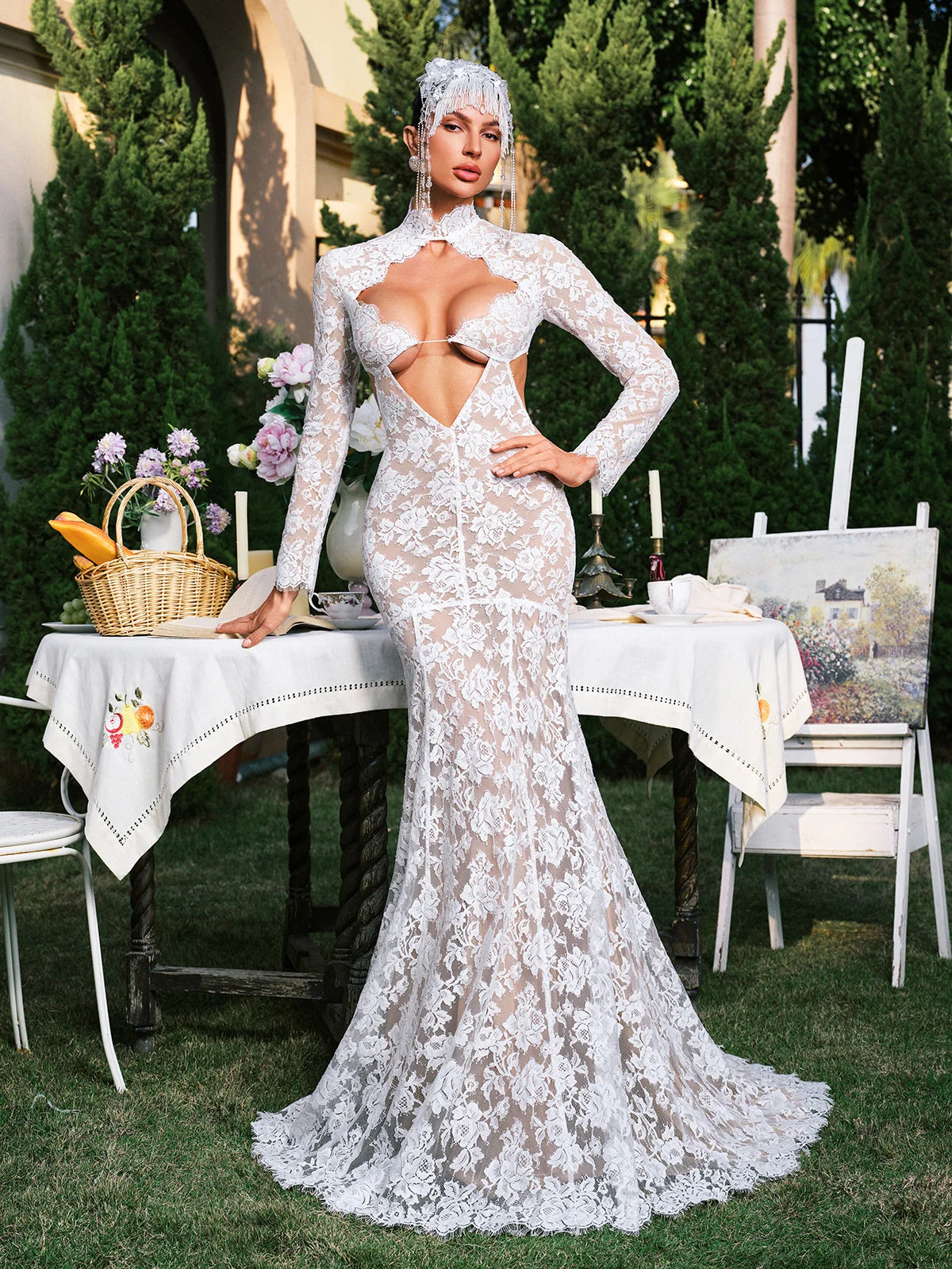 Delicate Lace Maxi Dress with Cutout Details - White