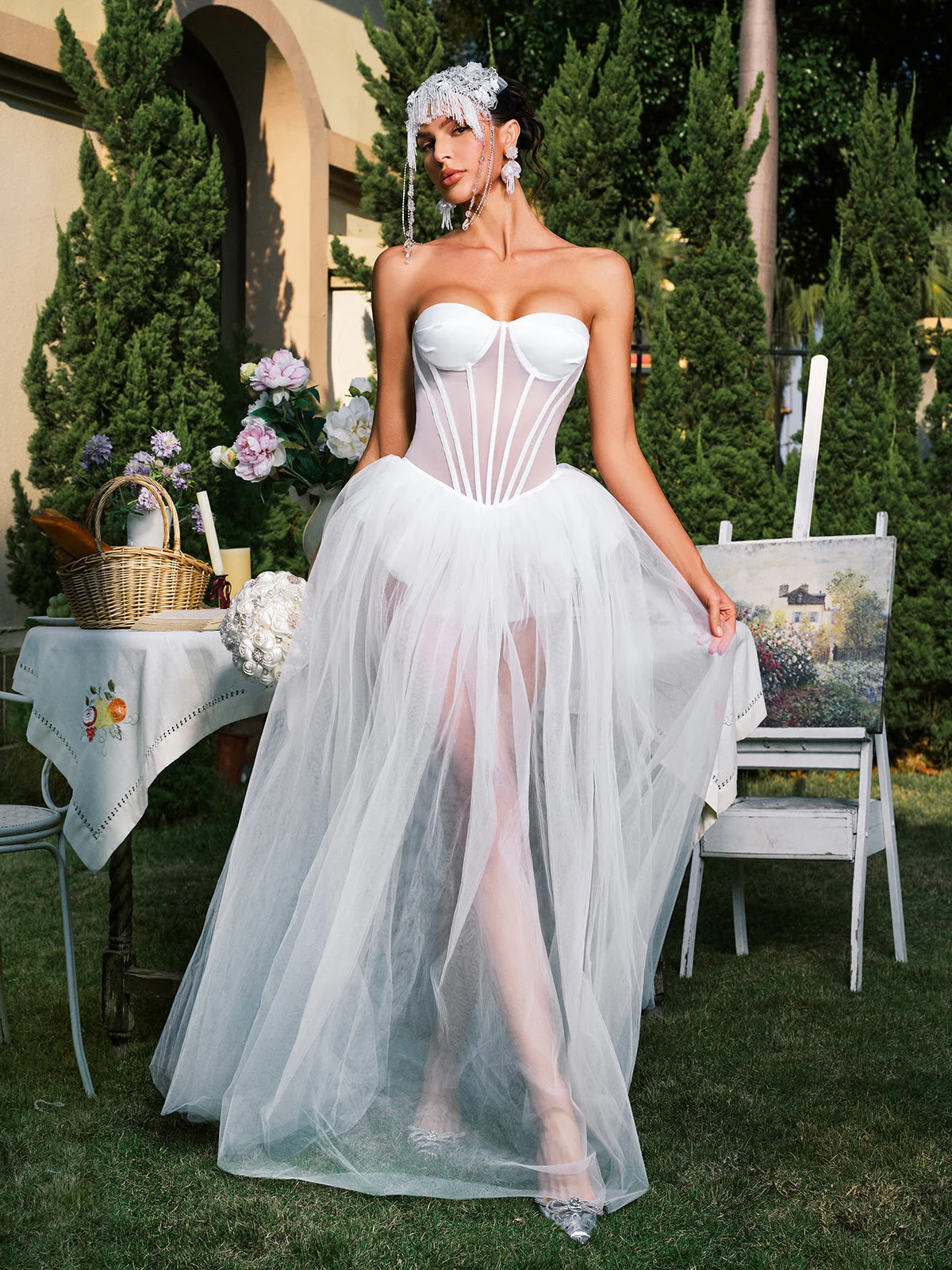 White Strapless Mesh Maxi Dress - Elegant Corset Style
